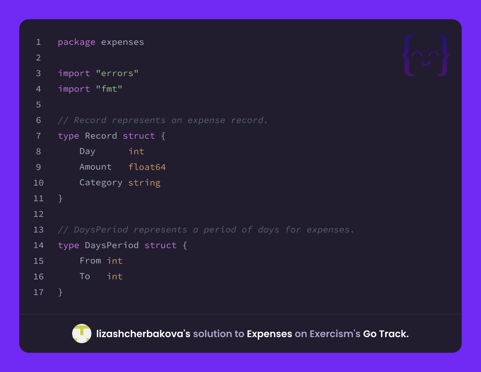 lizashcherbakova's solution for Expenses in Go on Exercism