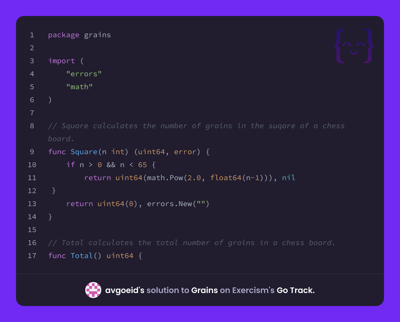 avgoeid's solution for Grains in Go on Exercism