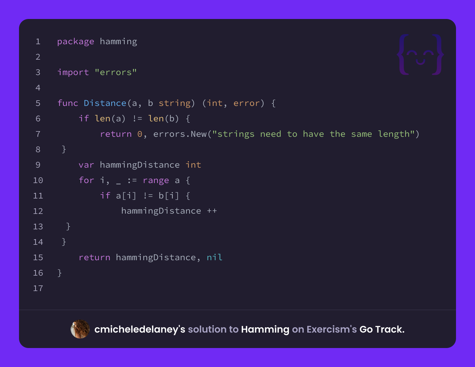 cmicheledelaney's solution for Hamming in Go on Exercism
