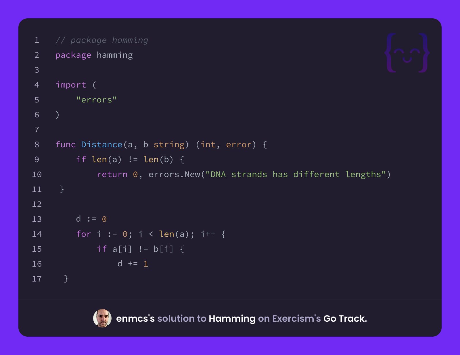 enmcs's solution for Hamming in Go on Exercism