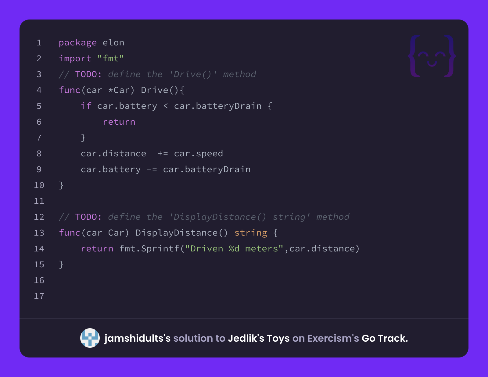 jamshidults's solution for Elon's Toys in Go on Exercism
