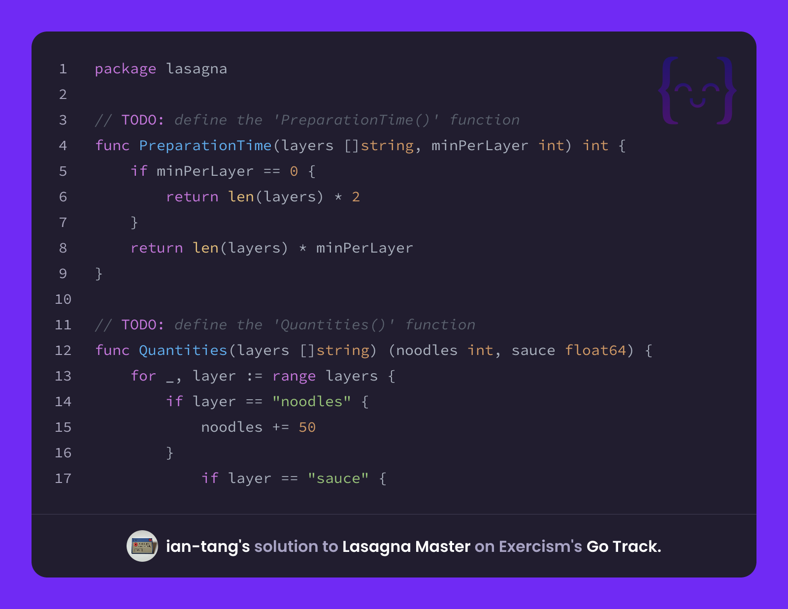 ian-tang's solution for Lasagna Master in Go on Exercism