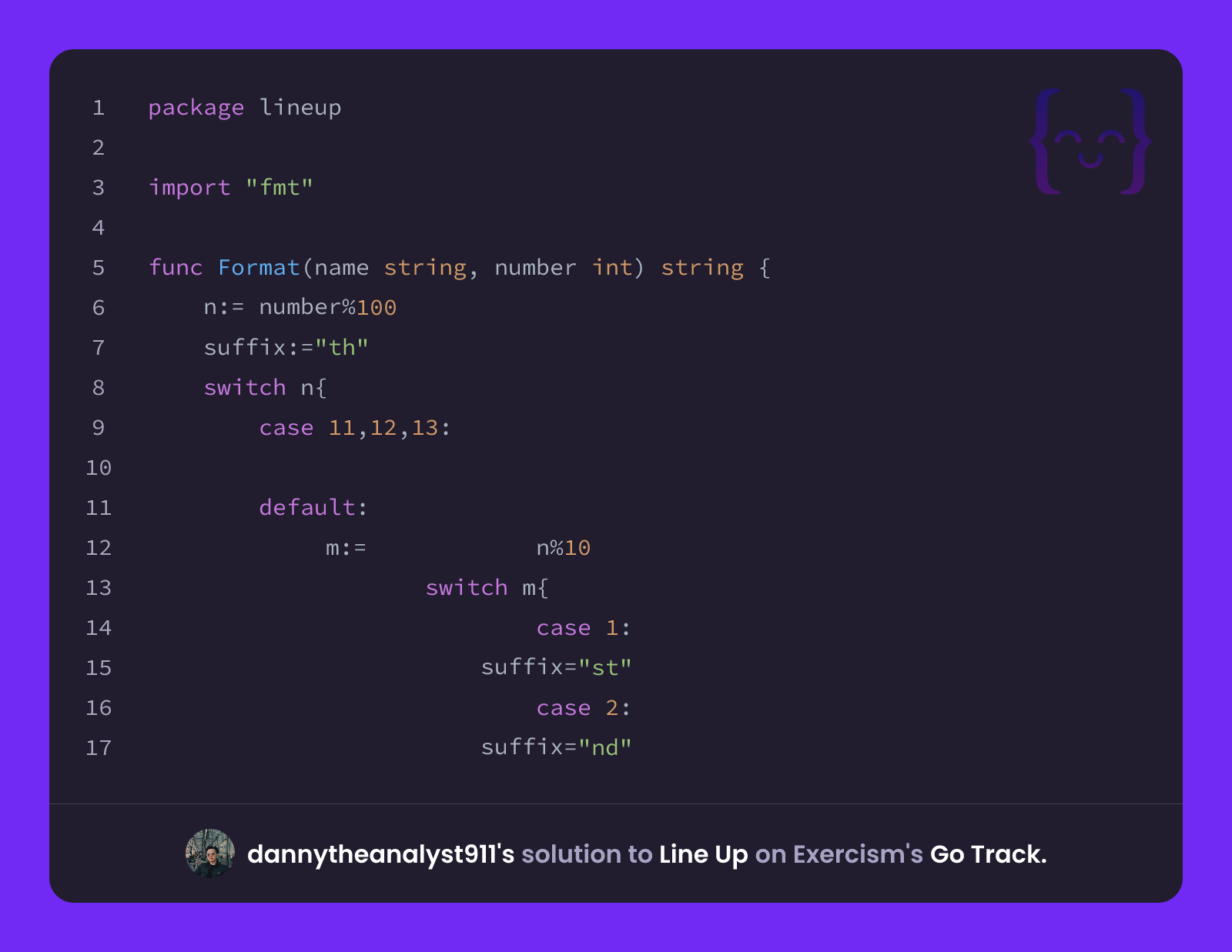 dannytheanalyst911's solution for Line Up in Go on Exercism
