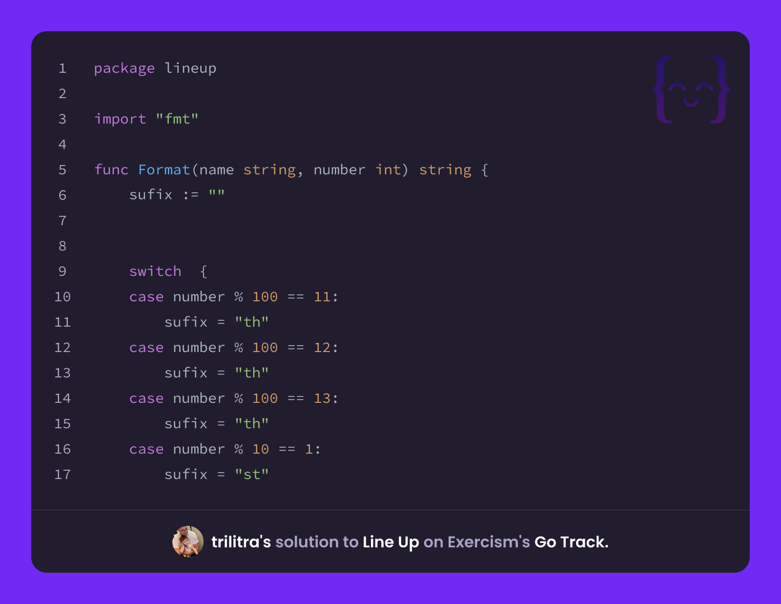 trilitra's solution for Line Up in Go on Exercism