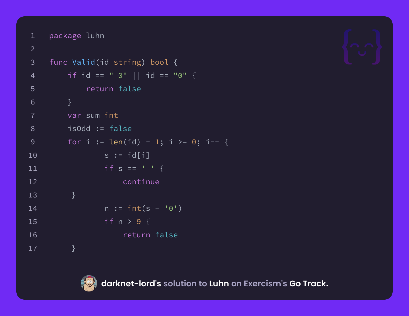 darknet-lord's solution for Luhn in Go on Exercism