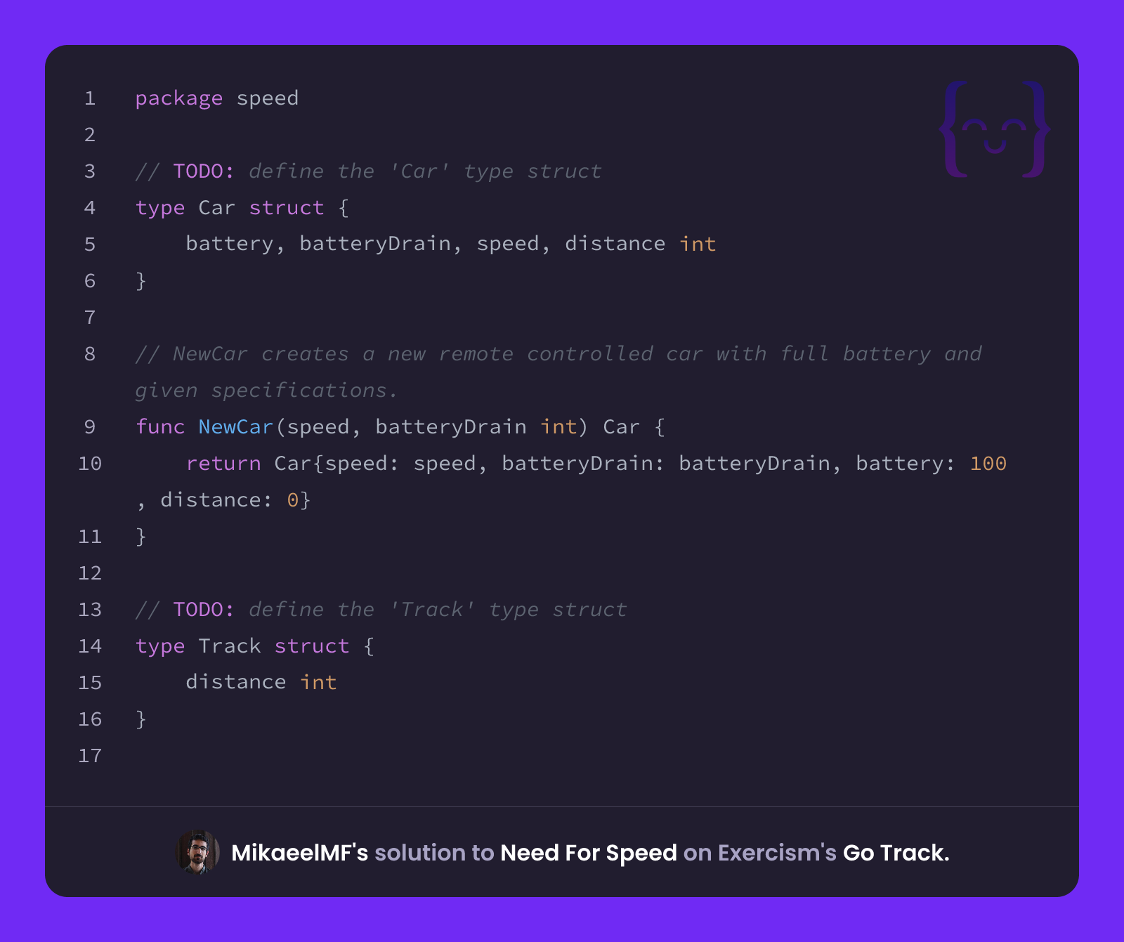 MikaeelMF's solution for Need For Speed in Go on Exercism