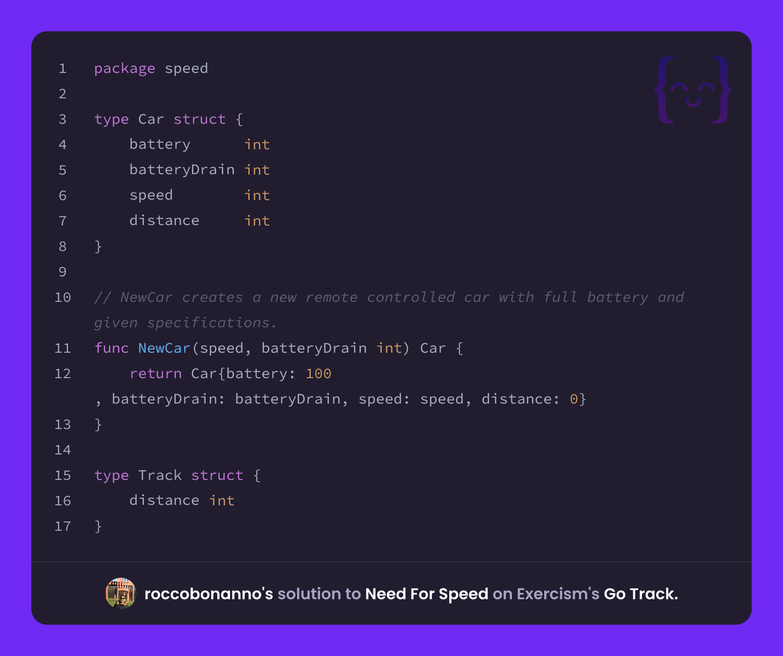 roccobonanno's solution for Need For Speed in Go on Exercism