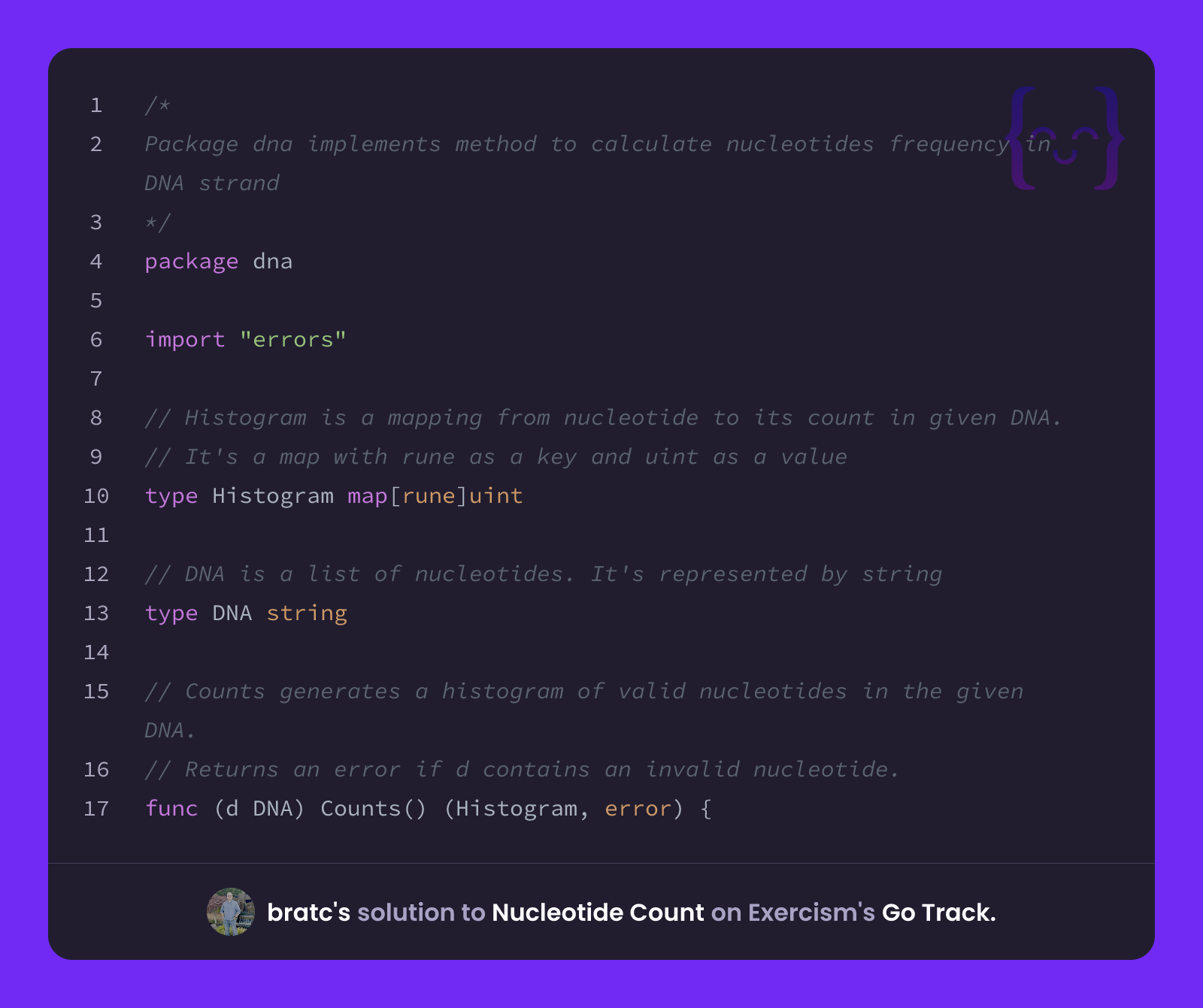 bratc's solution for Nucleotide Count in Go on Exercism