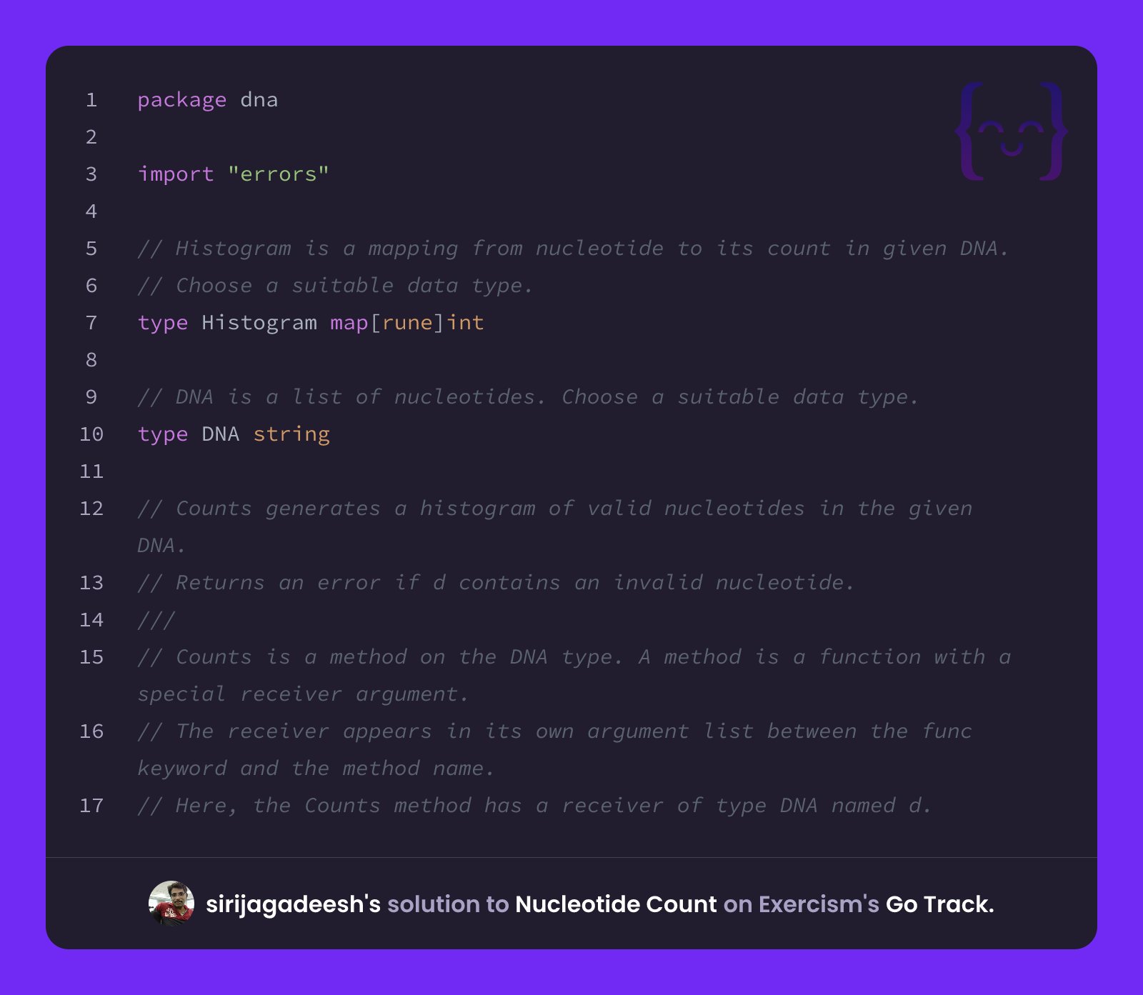 sirijagadeesh's solution for Nucleotide Count in Go on Exercism