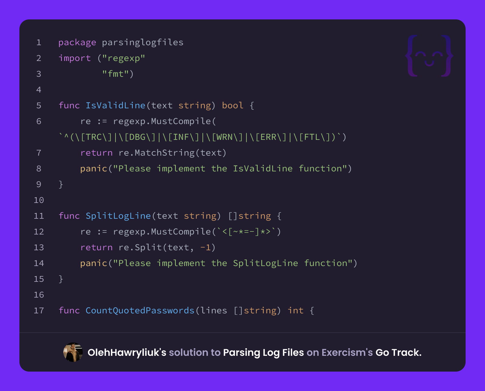 OlehHawryliuk's solution for Parsing Log Files in Go on Exercism