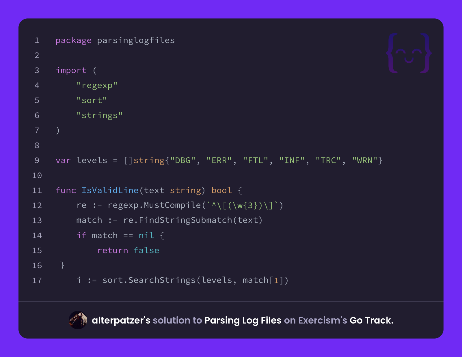 alterpatzer's solution for Parsing Log Files in Go on Exercism