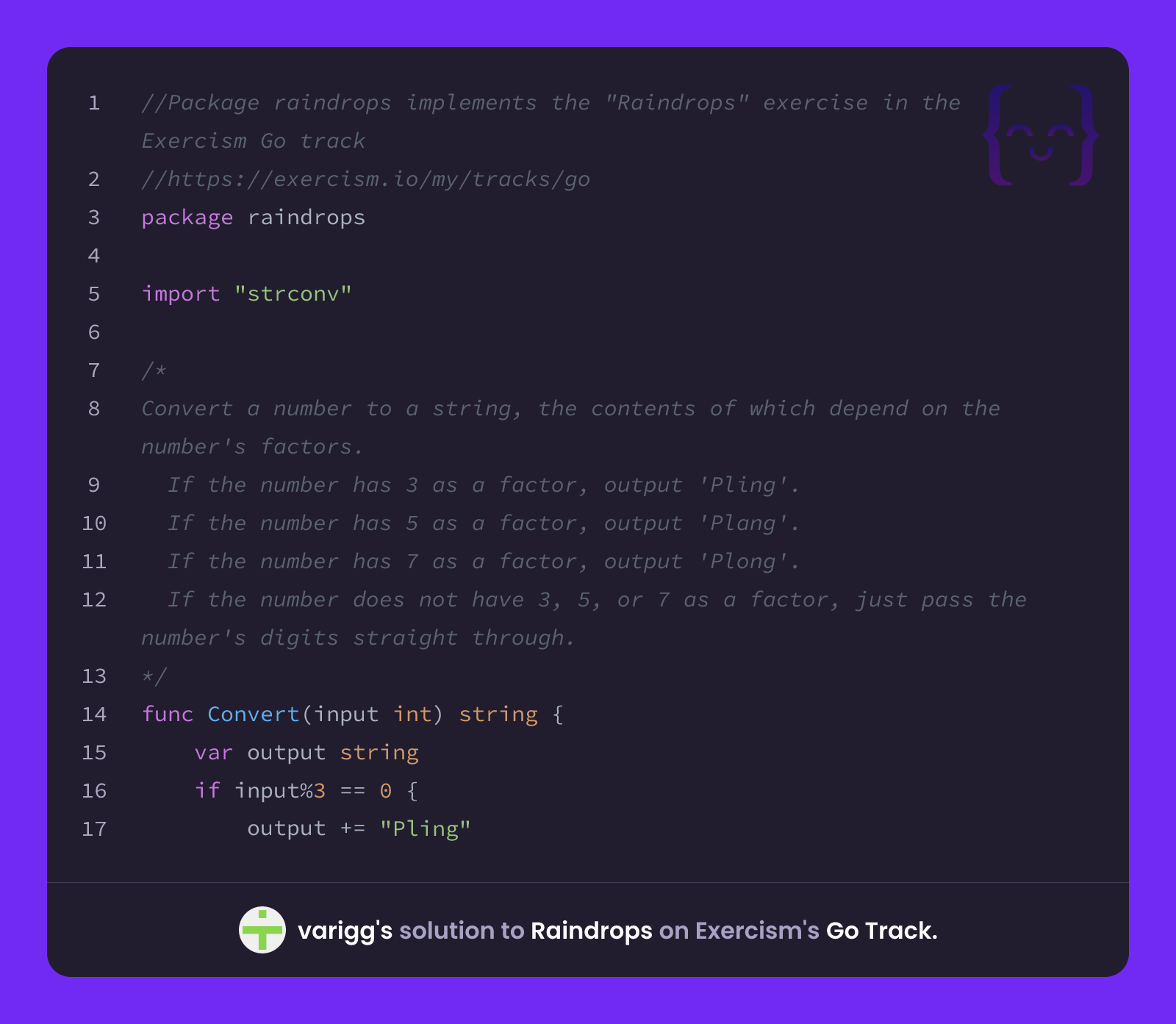 varigg's solution for Raindrops in Go on Exercism