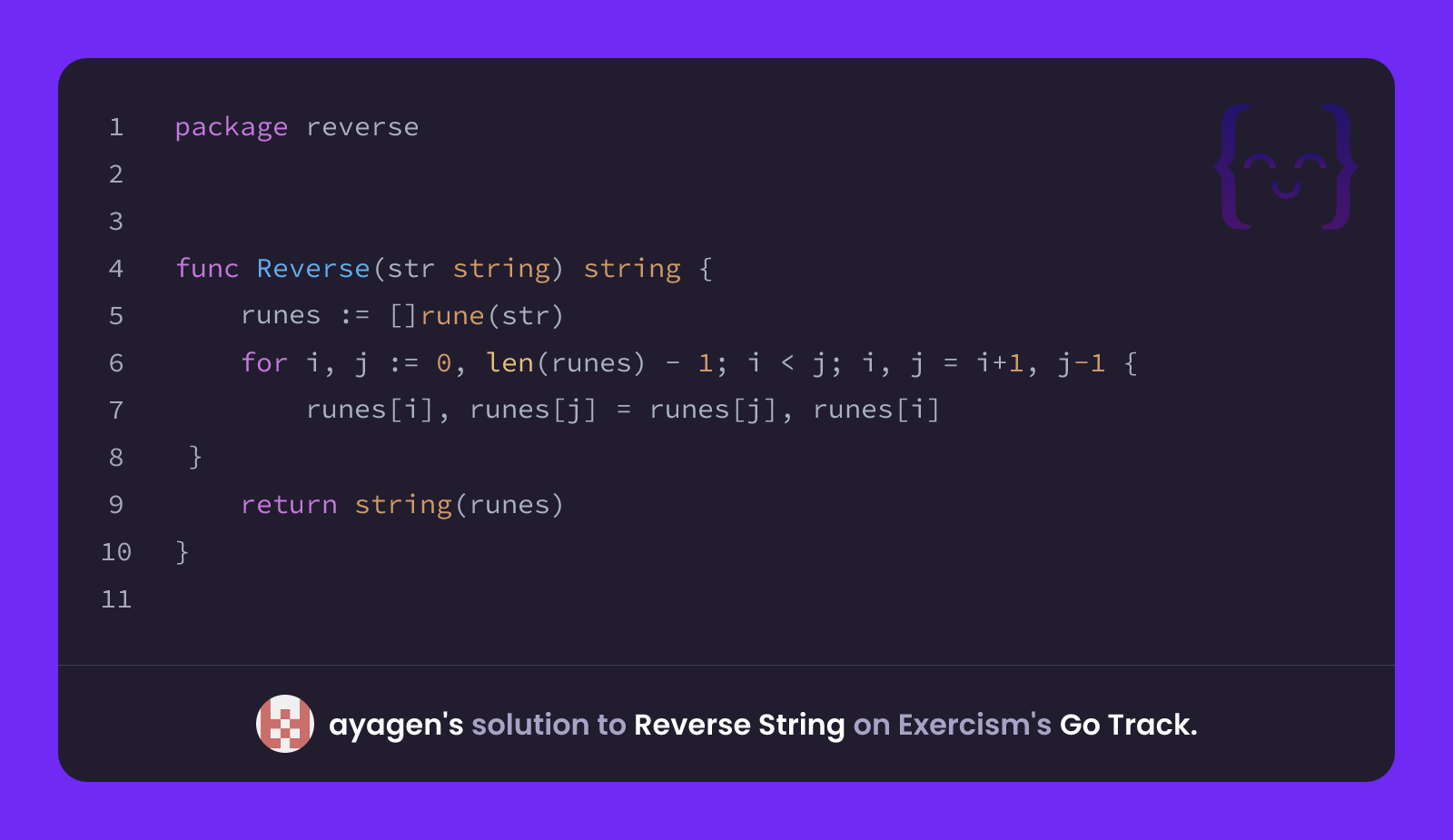 ayagen's solution for Reverse String in Go on Exercism