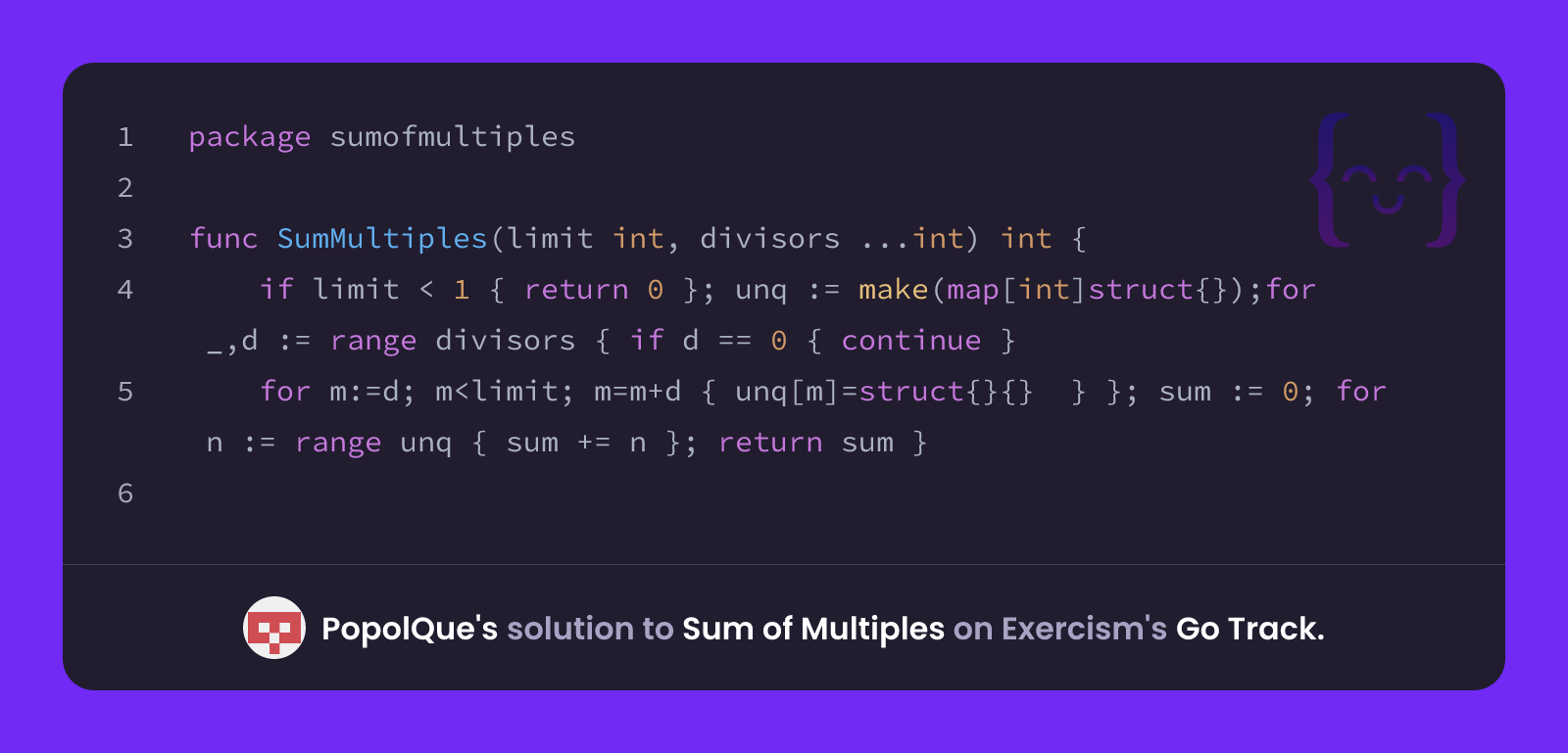 PopolQue's solution for Sum of Multiples in Go on Exercism