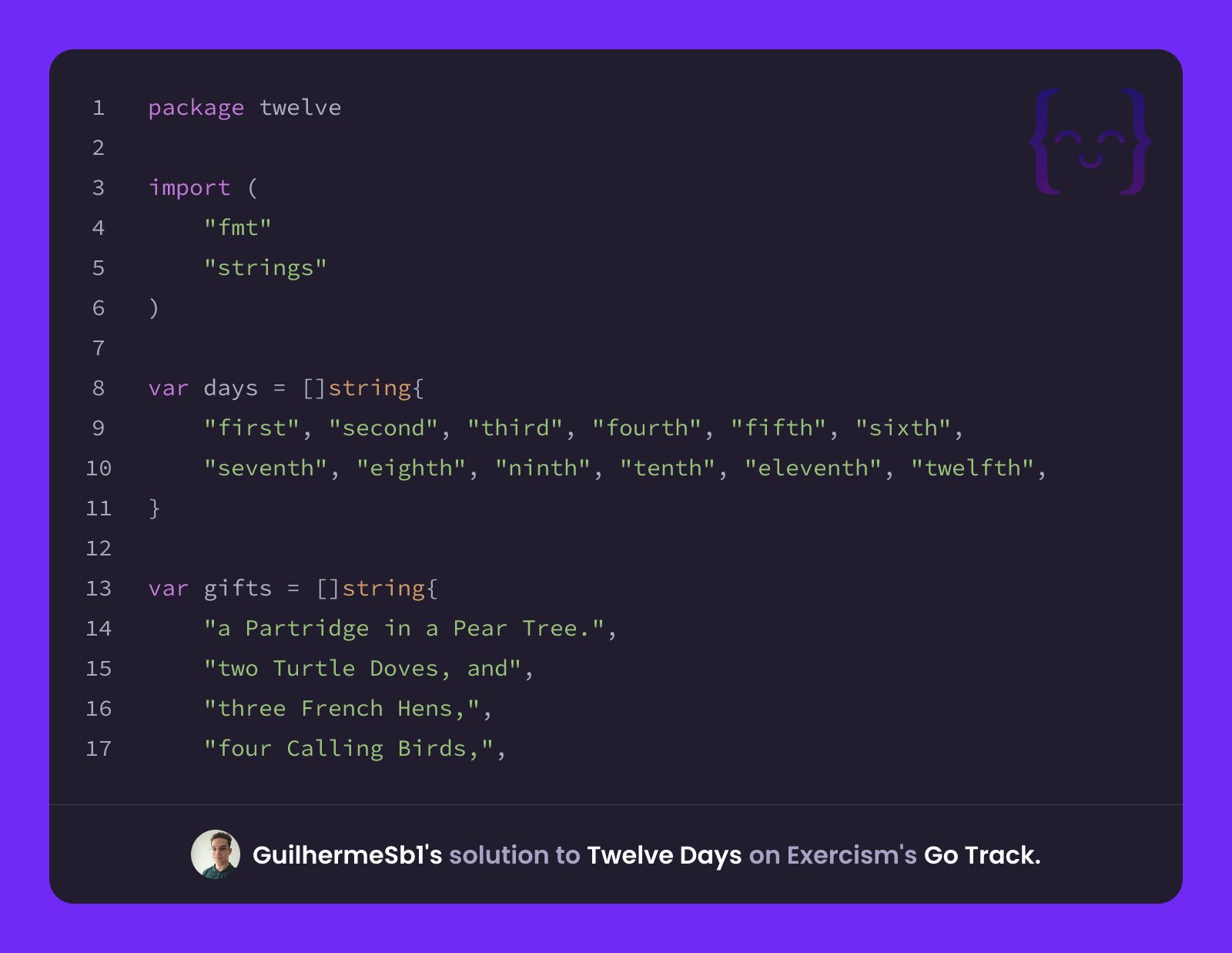 GuilhermeSb1's solution for Twelve Days in Go on Exercism