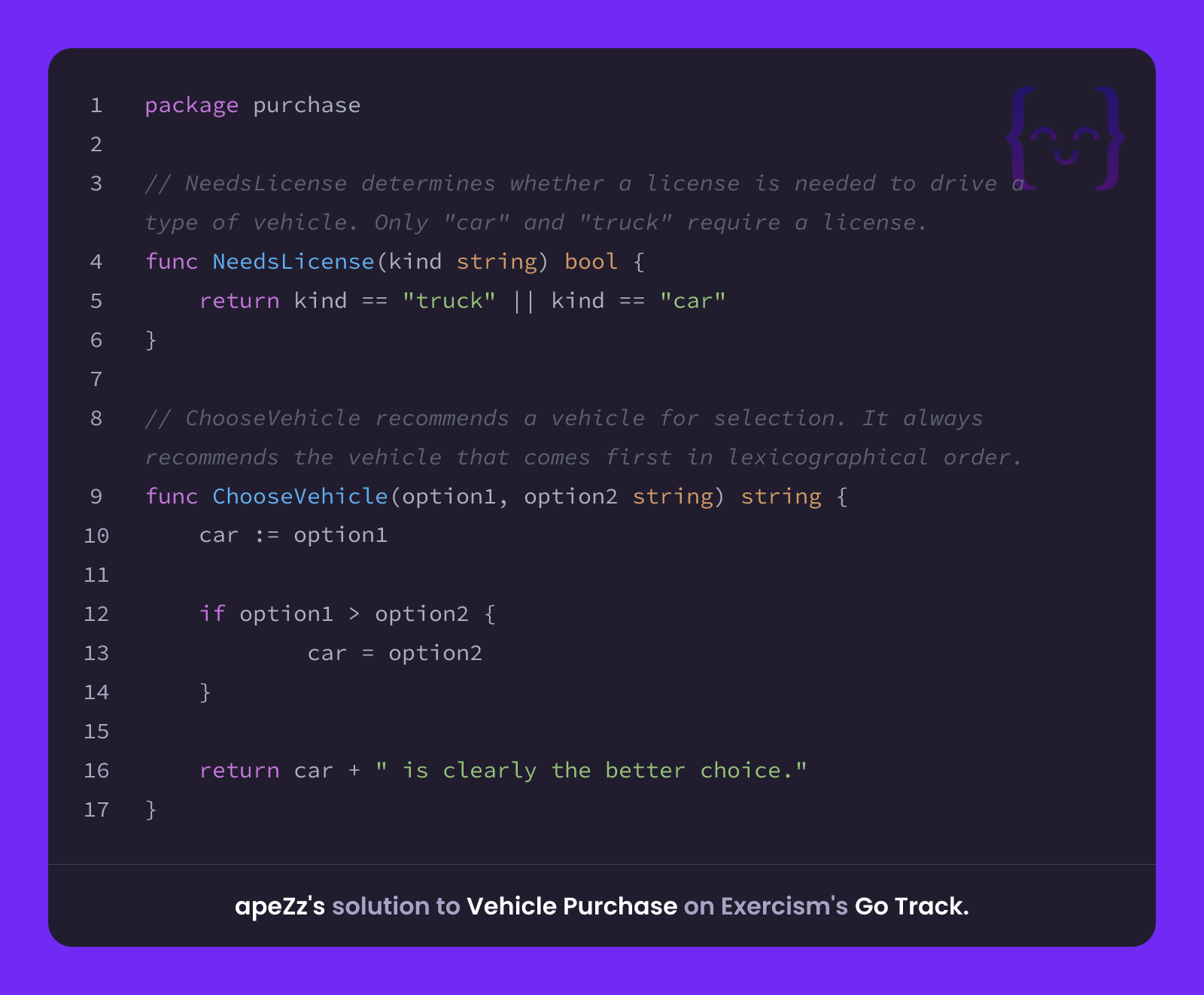 apeZz's solution for Vehicle Purchase in Go on Exercism