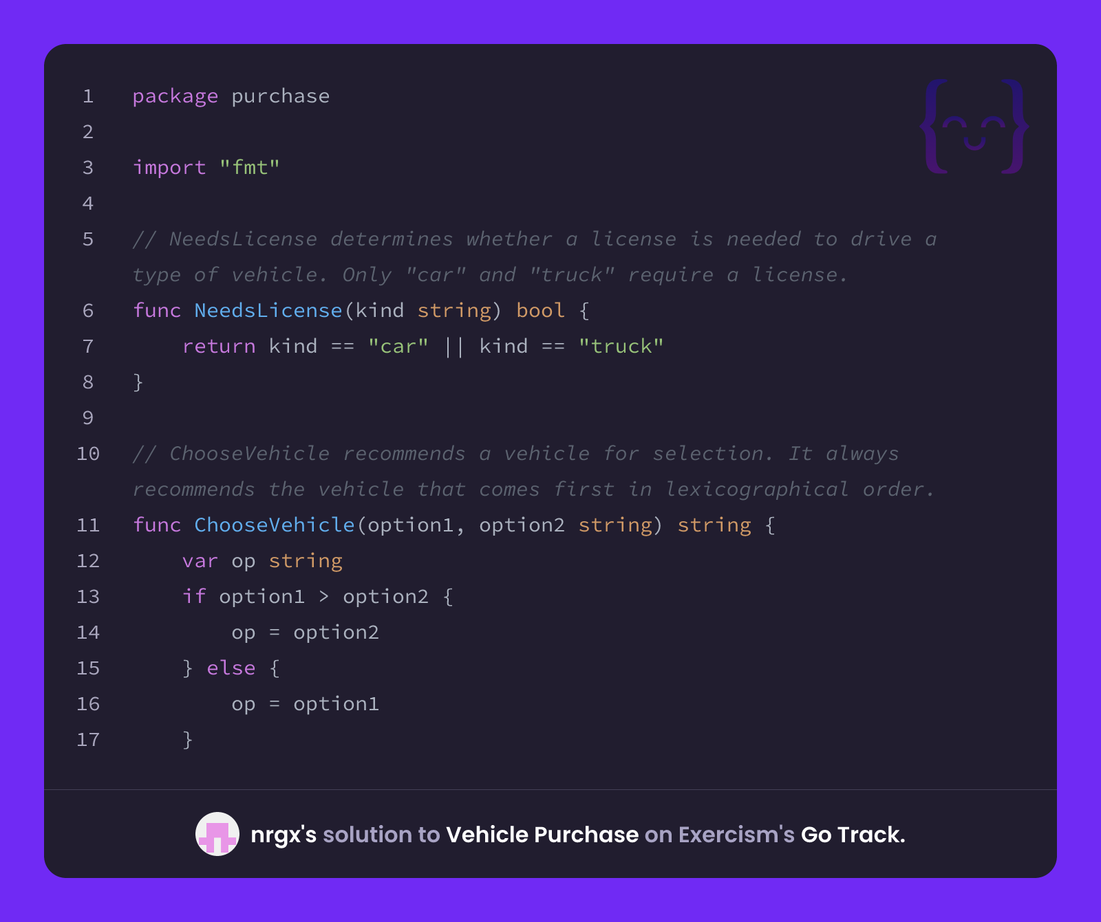 nrgx's solution for Vehicle Purchase in Go on Exercism