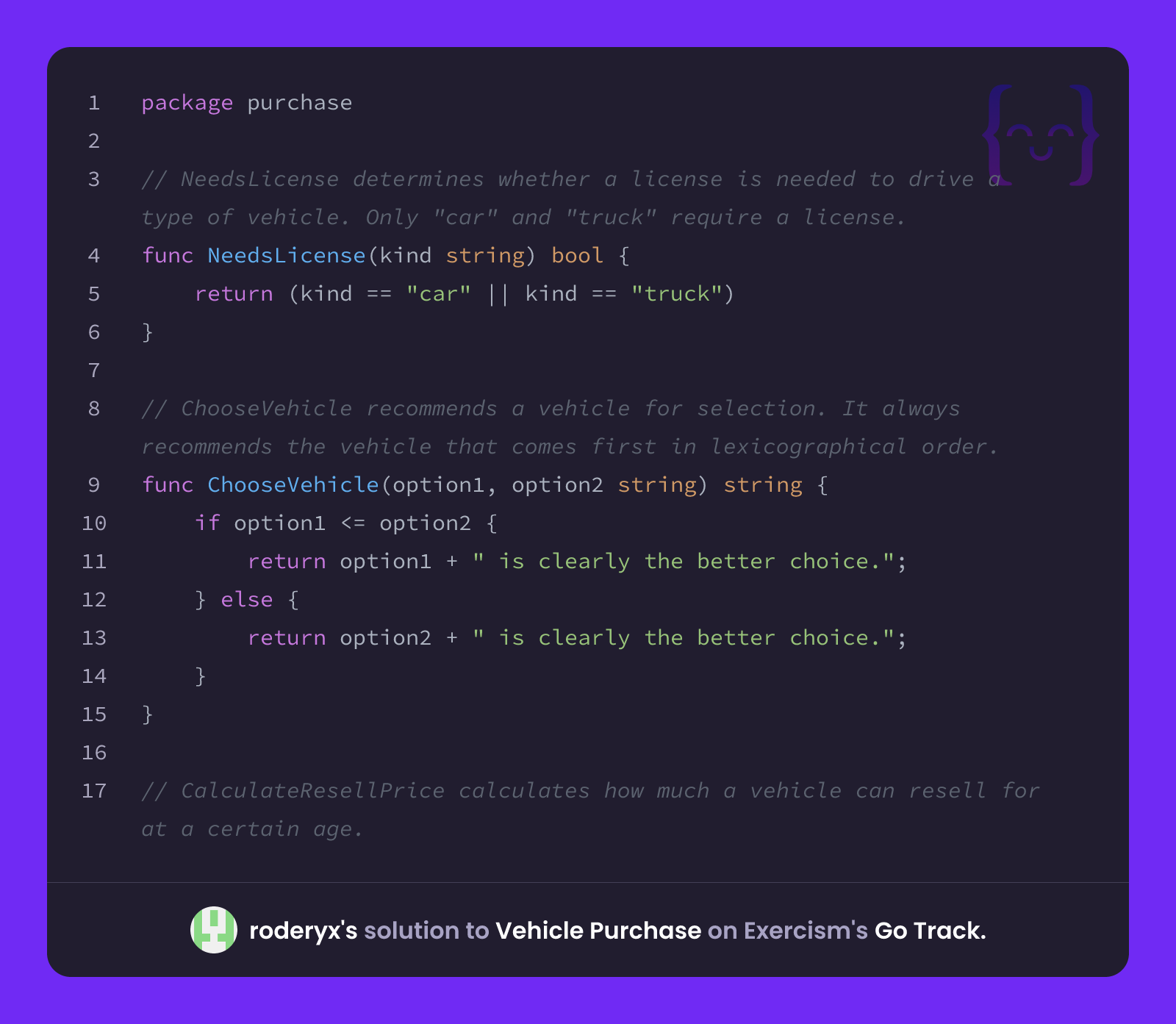 roderyx's solution for Vehicle Purchase in Go on Exercism