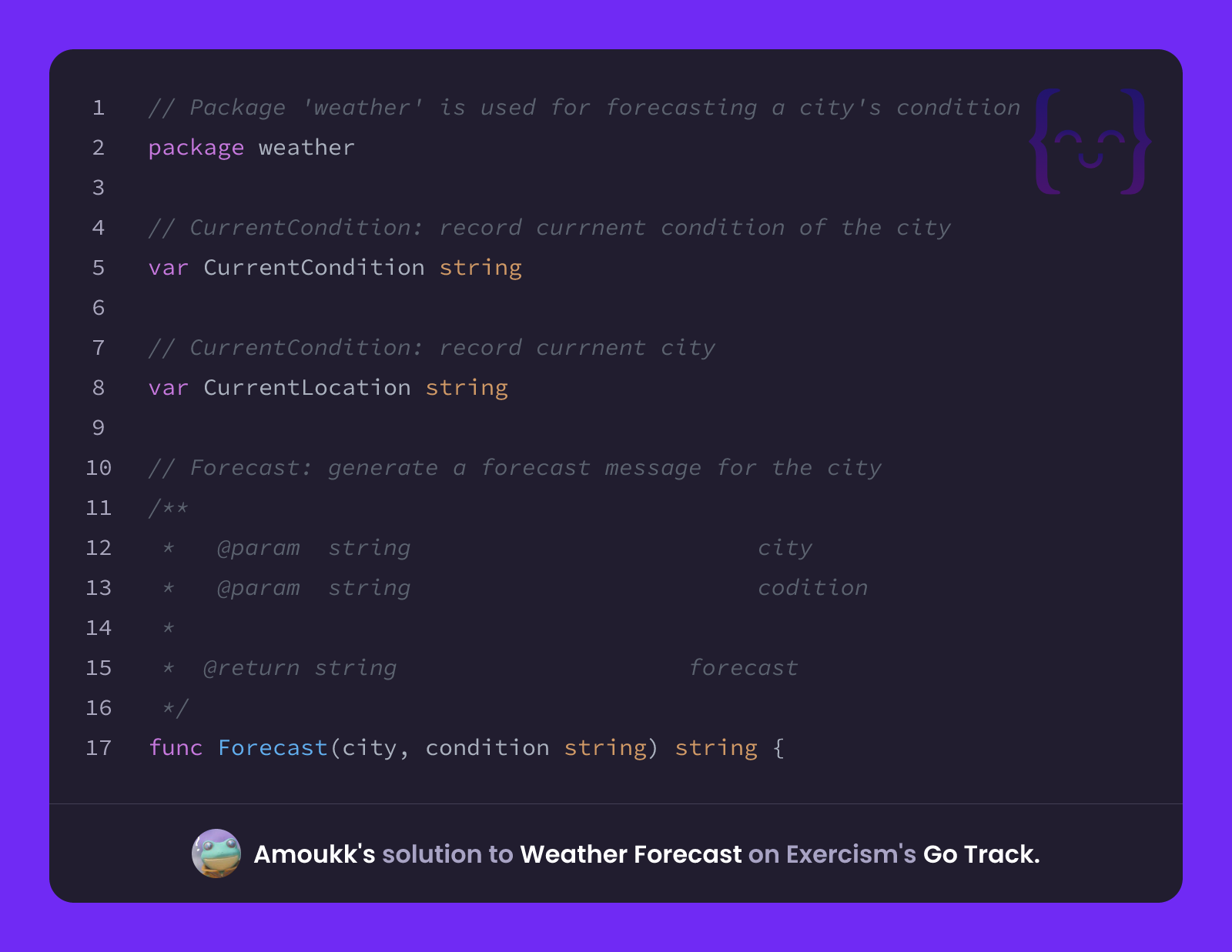 Amoukk's solution for Weather Forecast in Go on Exercism