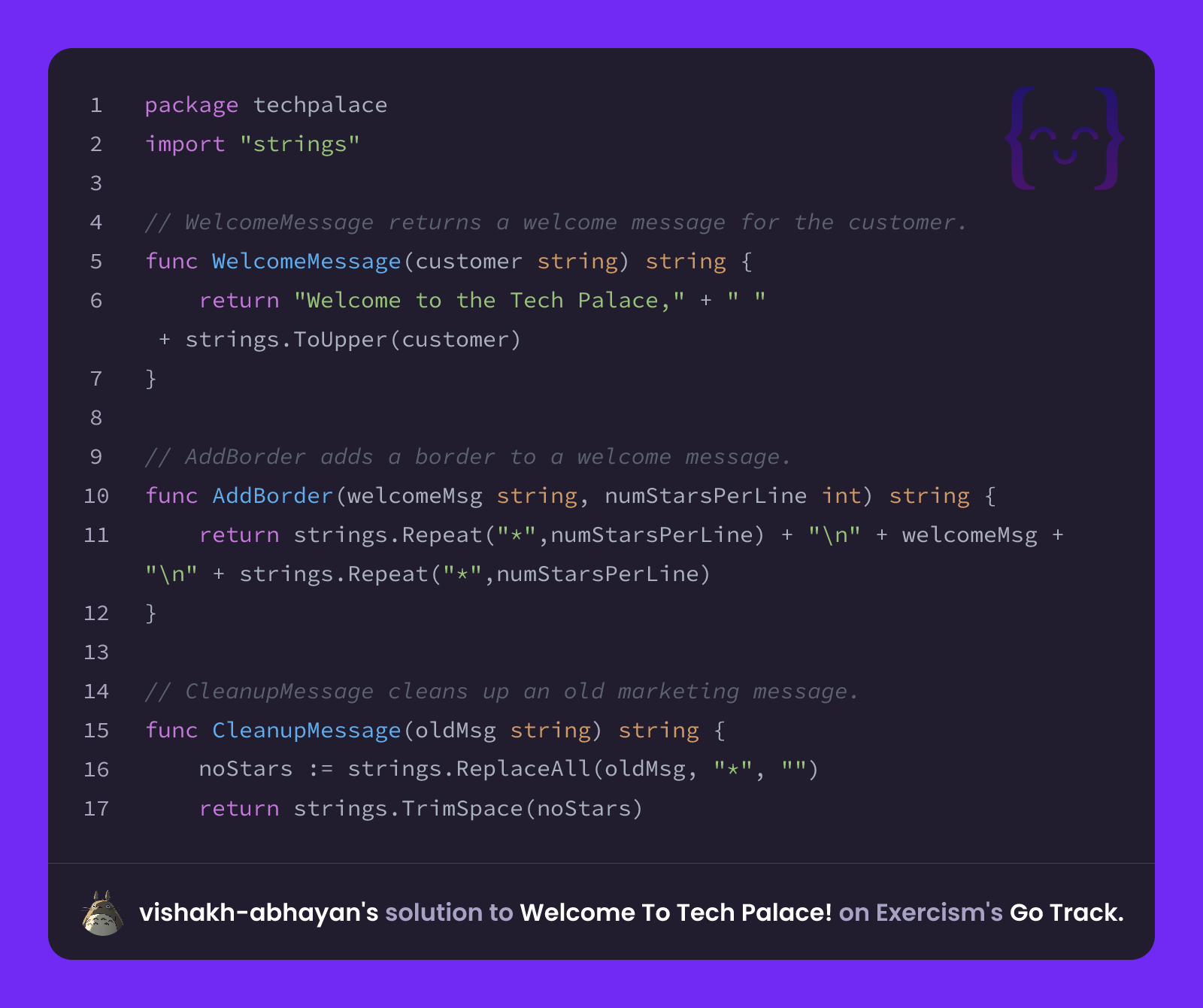 vishakh-abhayan's solution for Welcome To Tech Palace! in Go on Exercism