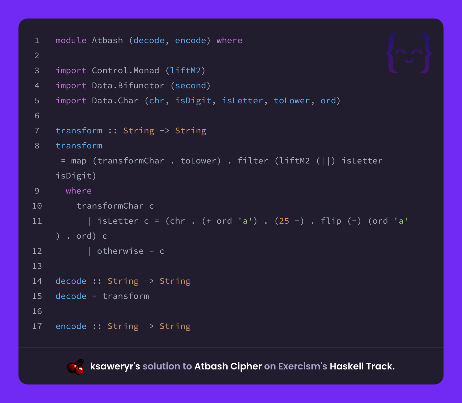 ksaweryr's solution for Atbash Cipher in Haskell on Exercism
