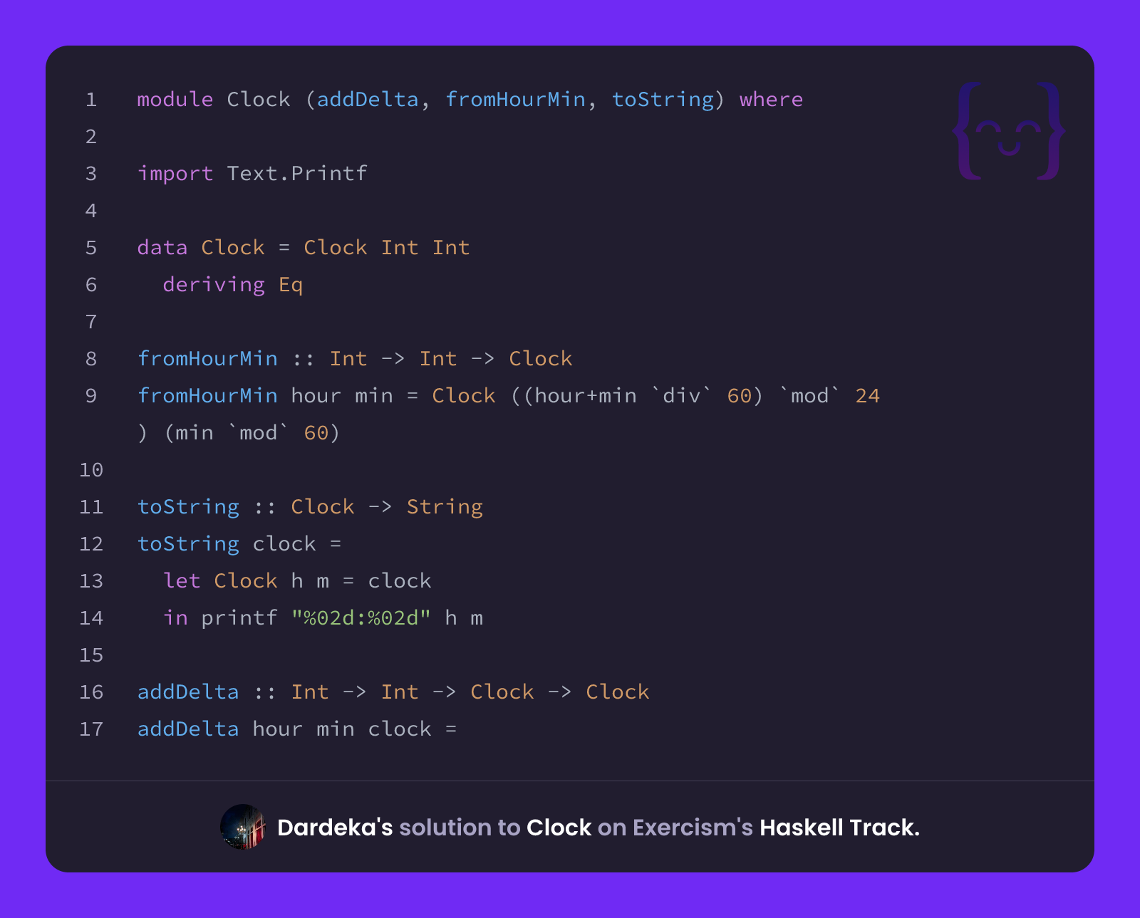 Dardeka's solution for Clock in Haskell on Exercism