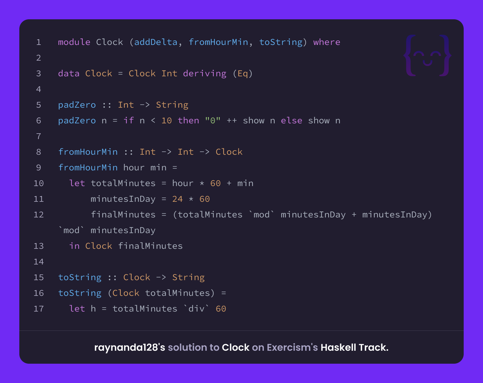 raynanda128's solution for Clock in Haskell on Exercism