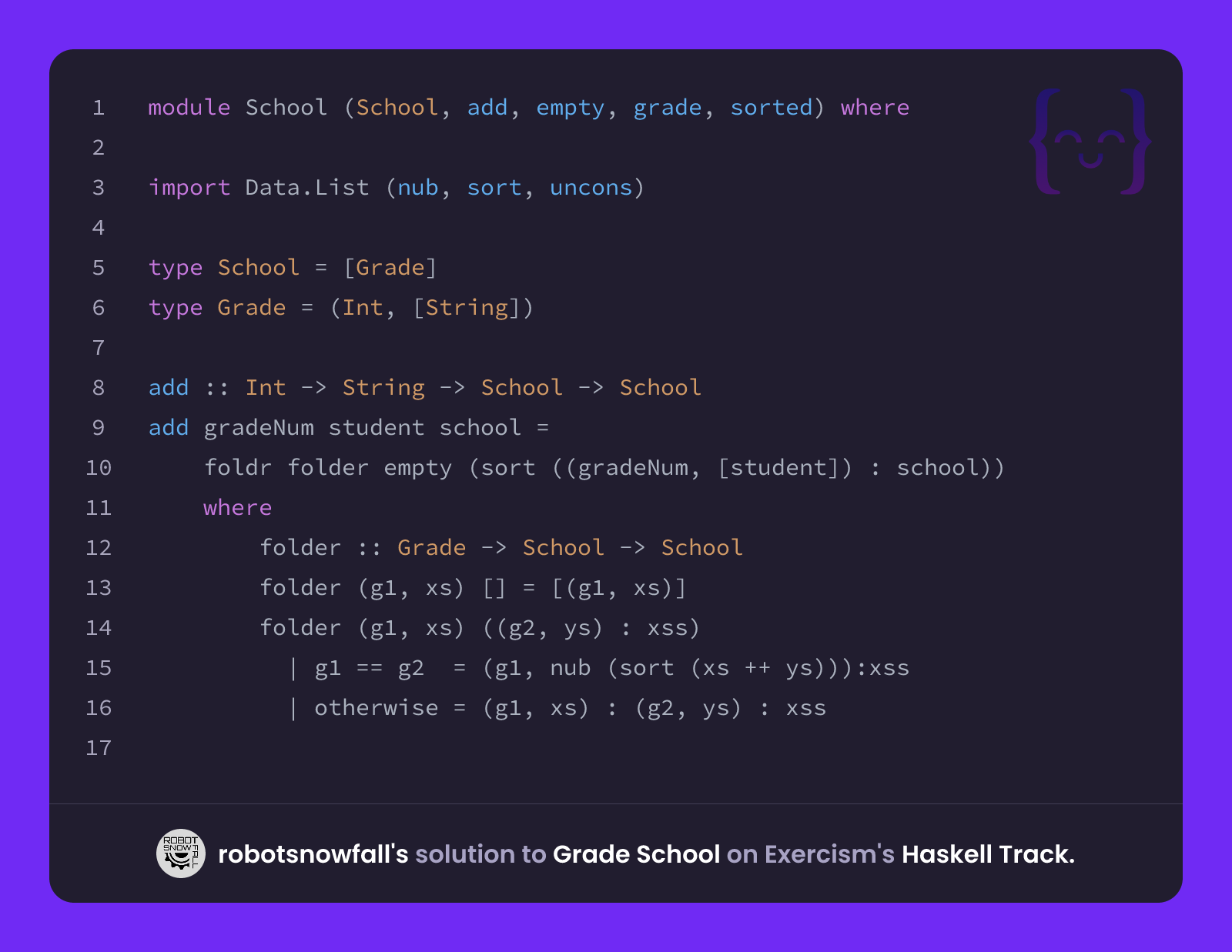 robotsnowfall's solution for Grade School in Haskell on Exercism