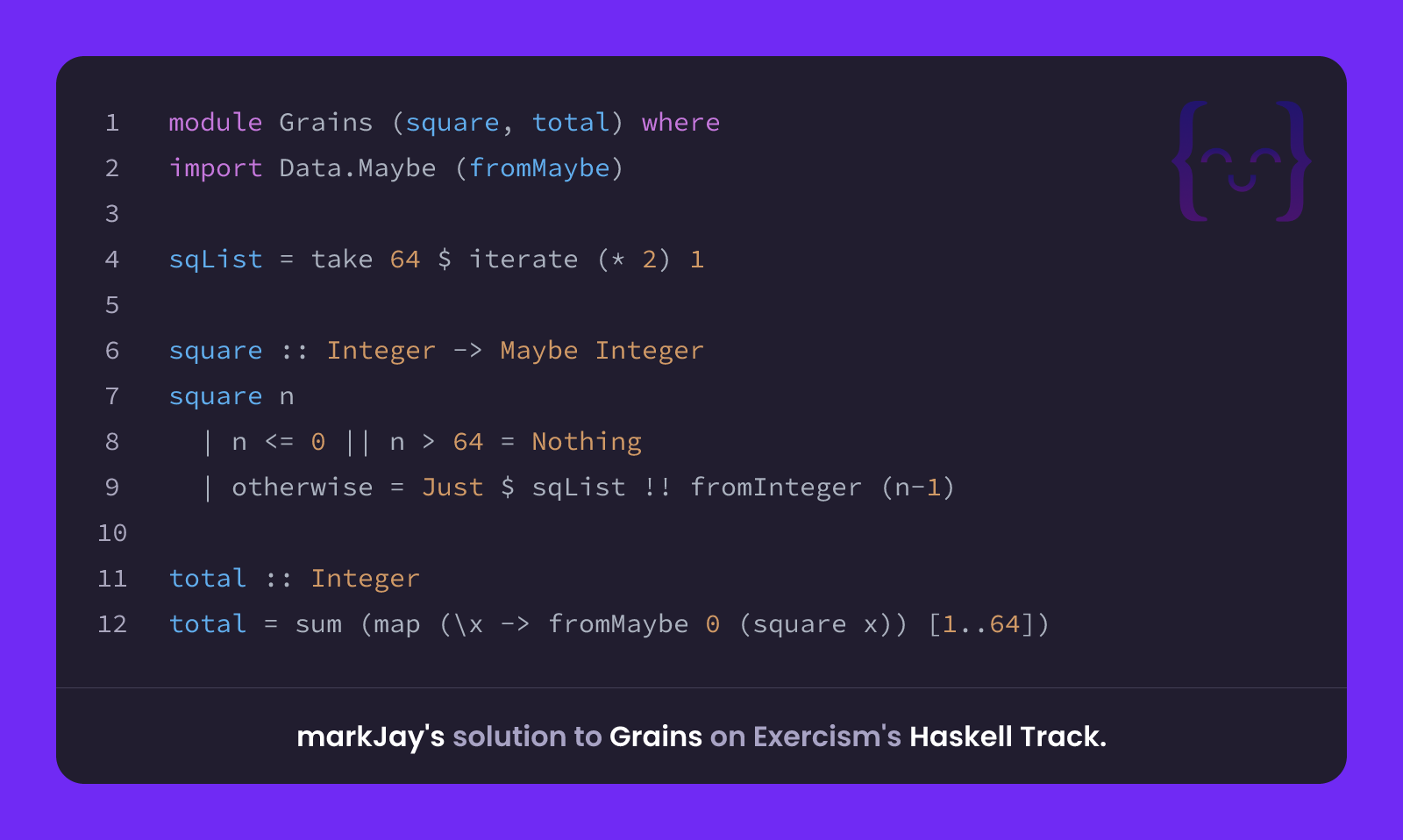 markJay's solution for Grains in Haskell on Exercism