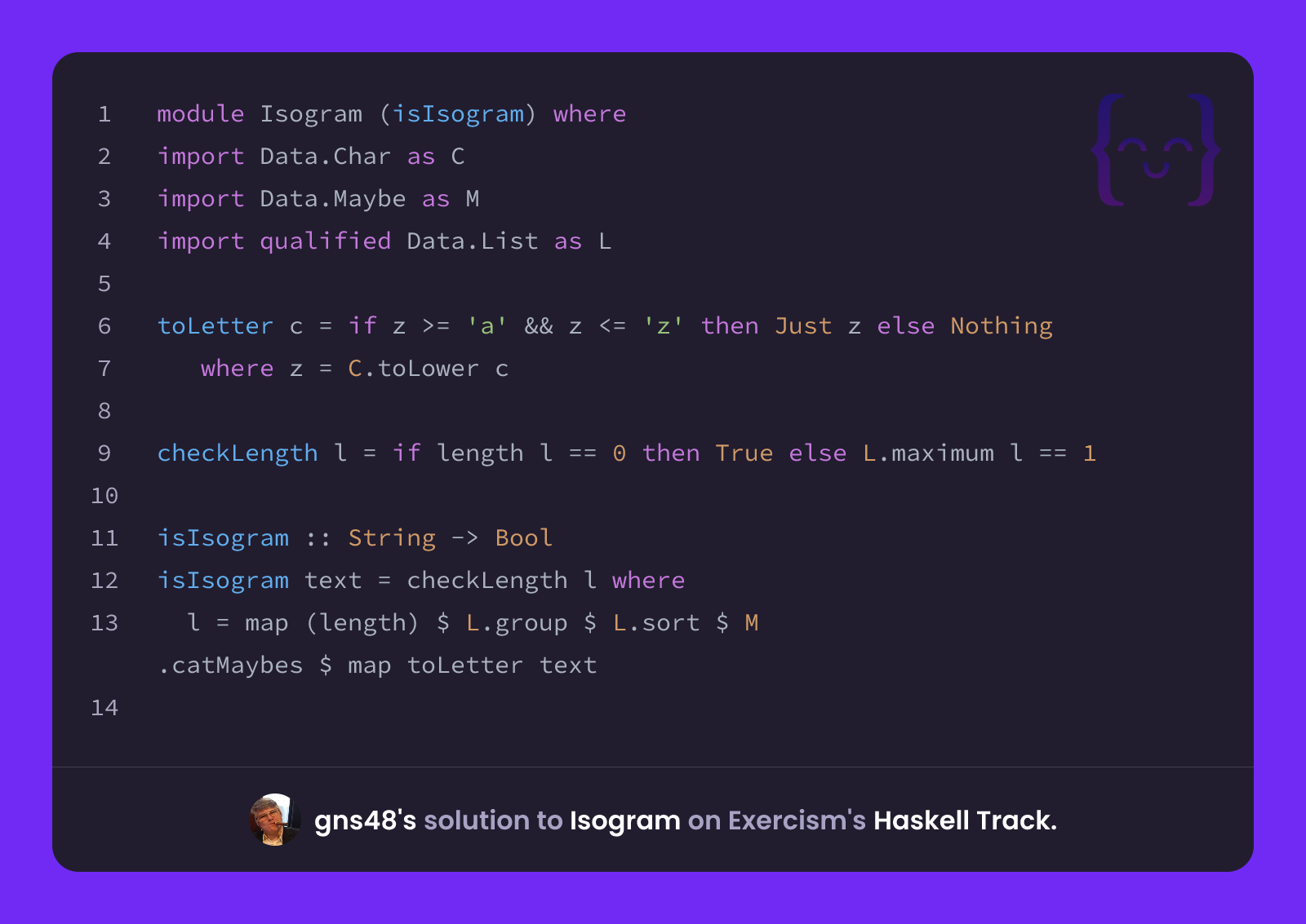 gns48's solution for Isogram in Haskell on Exercism