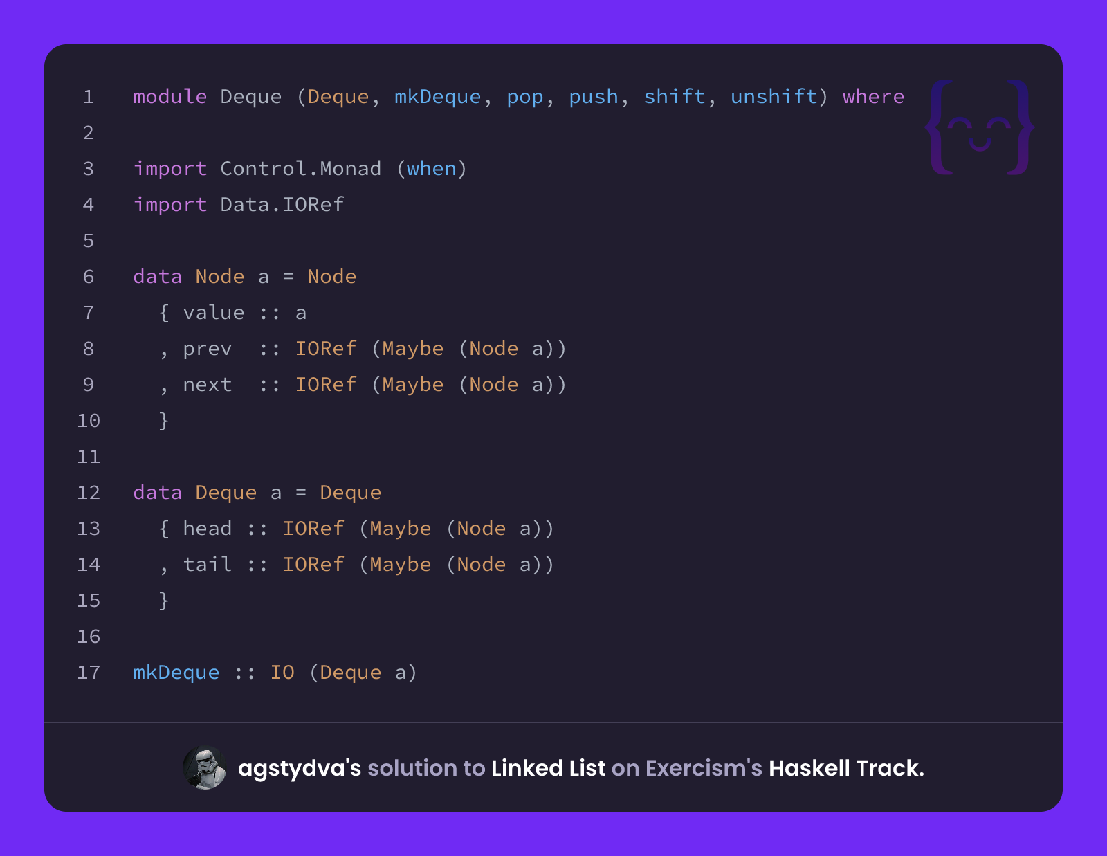 agstydva's solution for Linked List in Haskell on Exercism