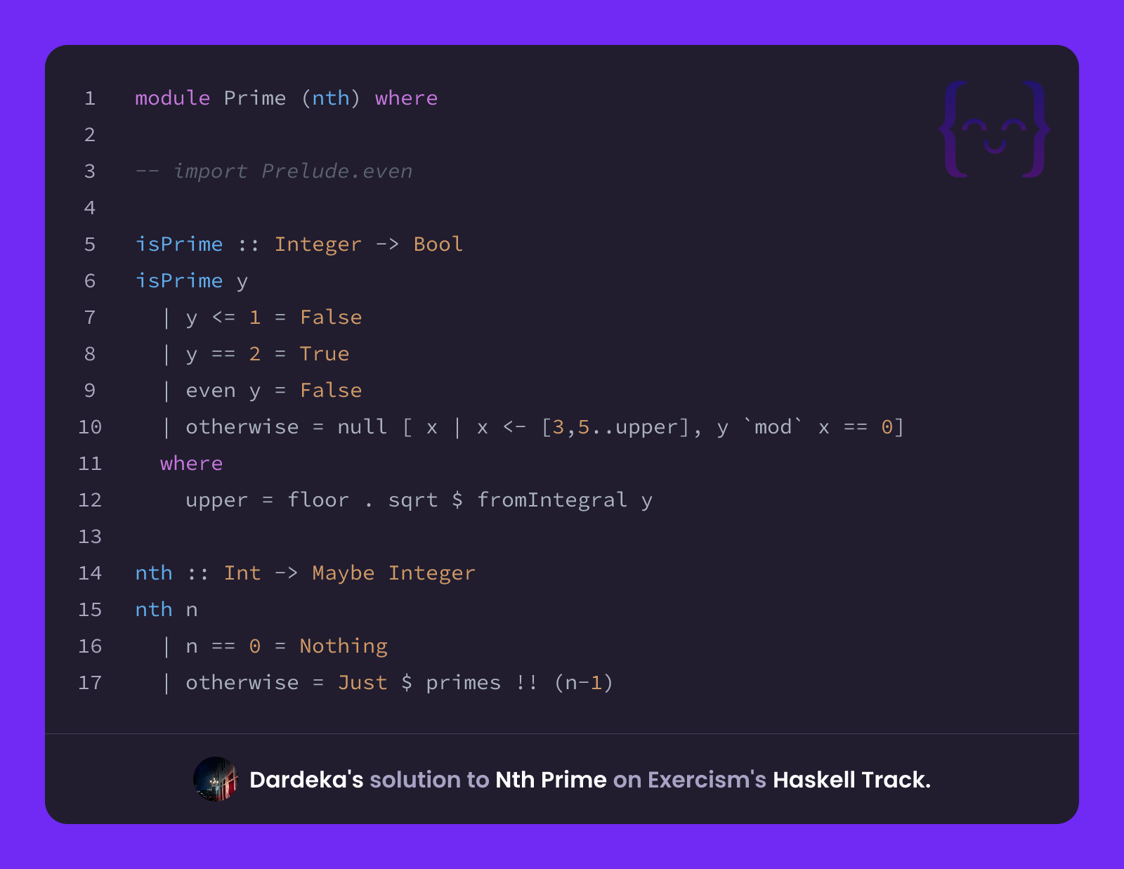 Dardeka's solution for Nth Prime in Haskell on Exercism