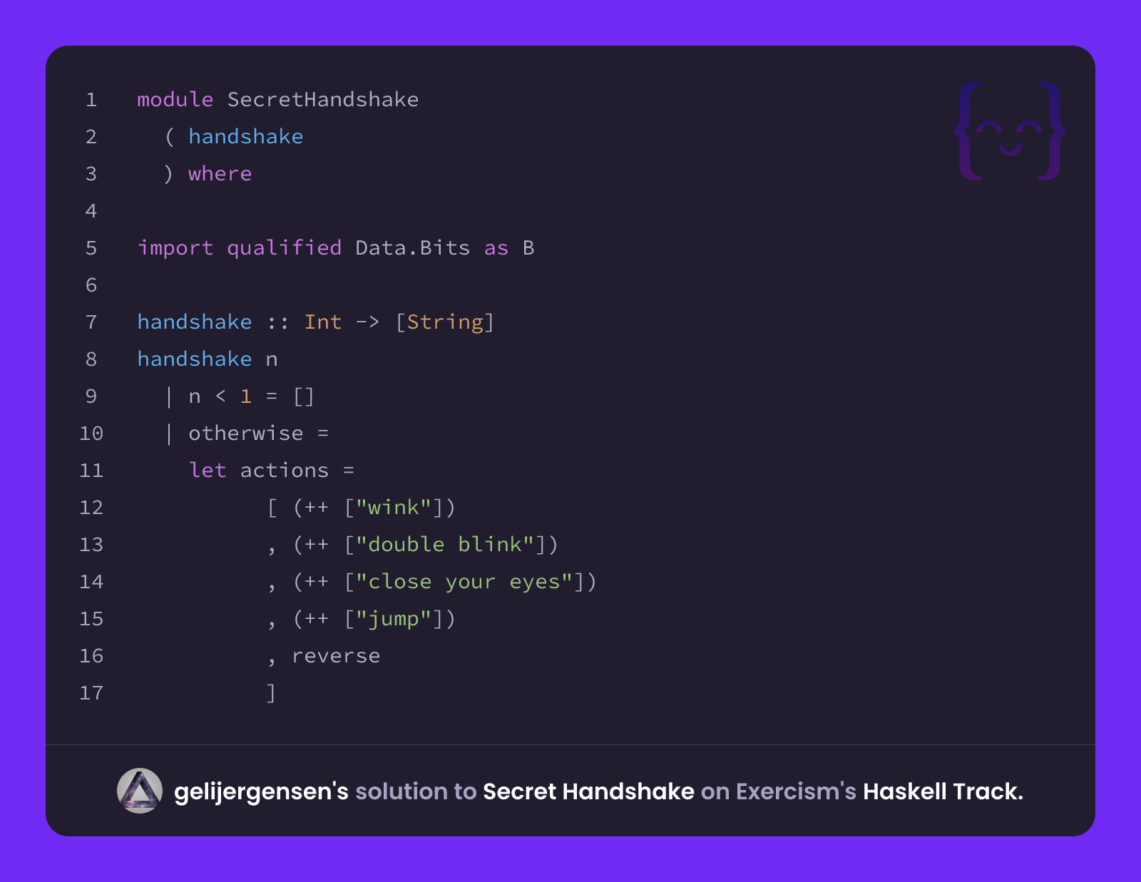 gelijergensen's solution for Secret Handshake in Haskell on Exercism
