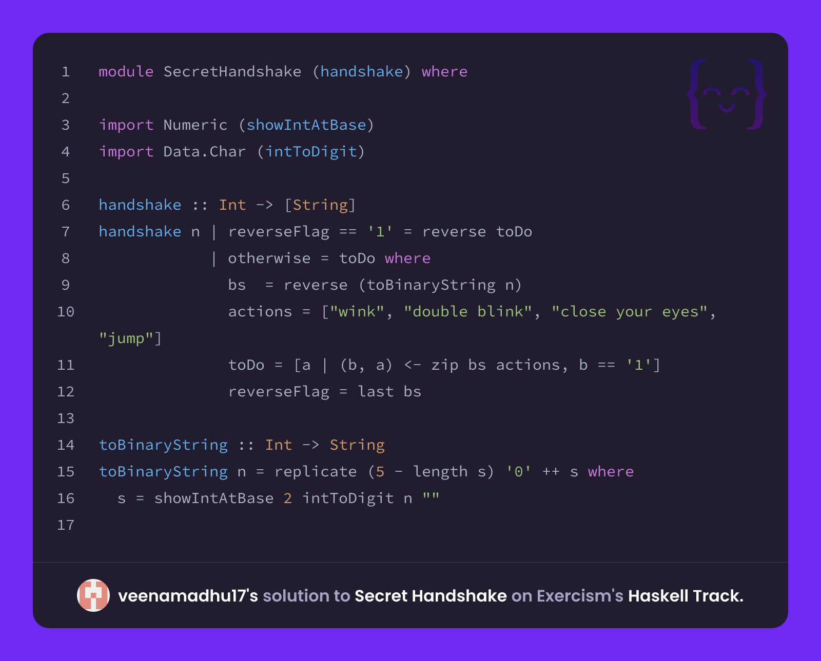 veenamadhu17's solution for Secret Handshake in Haskell on Exercism