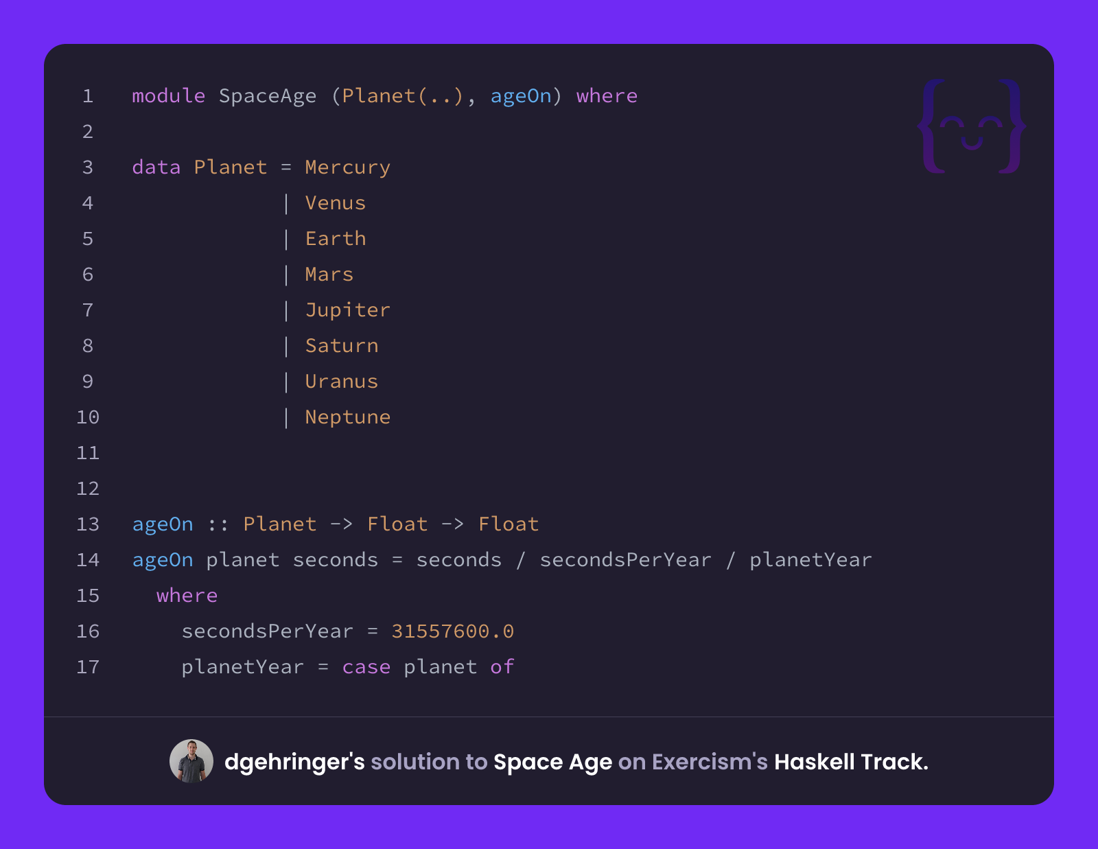 dgehringer's solution for Space Age in Haskell on Exercism
