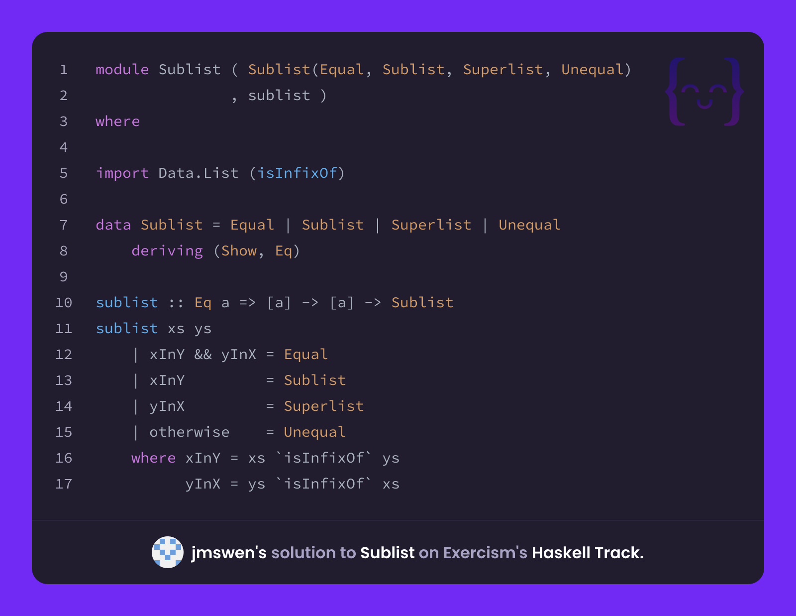jmswen's solution for Sublist in Haskell on Exercism