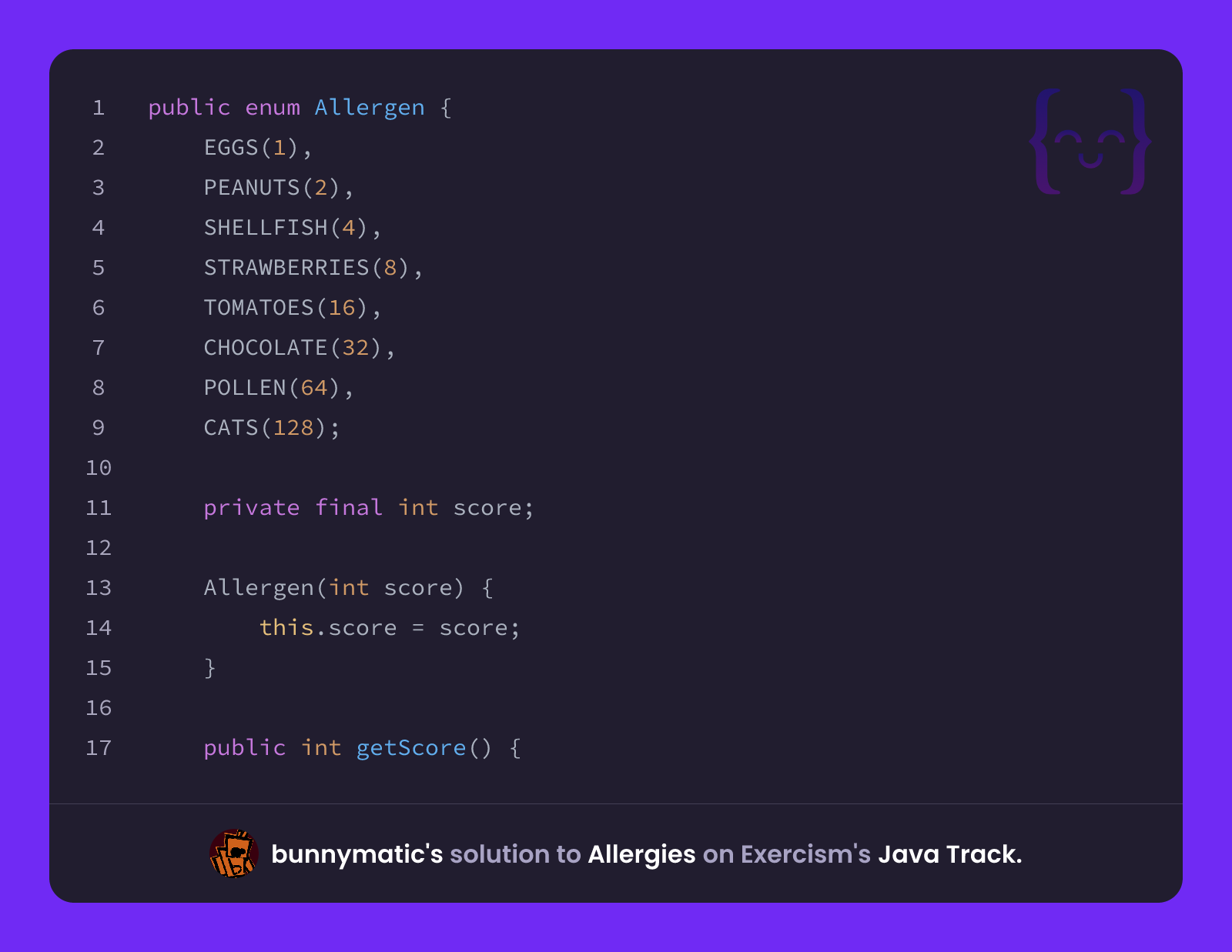 bunnymatic's solution for Allergies in Java on Exercism