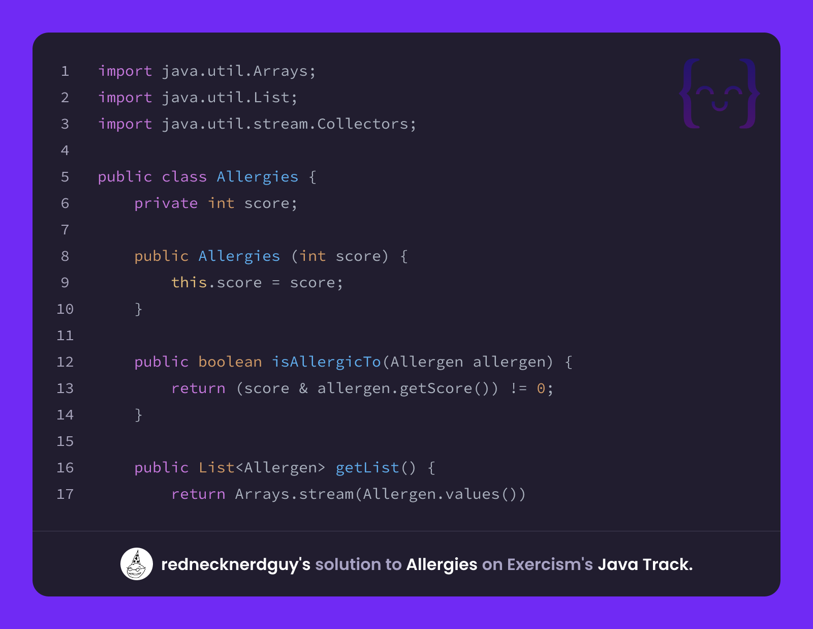 rednecknerdguy's solution for Allergies in Java on Exercism
