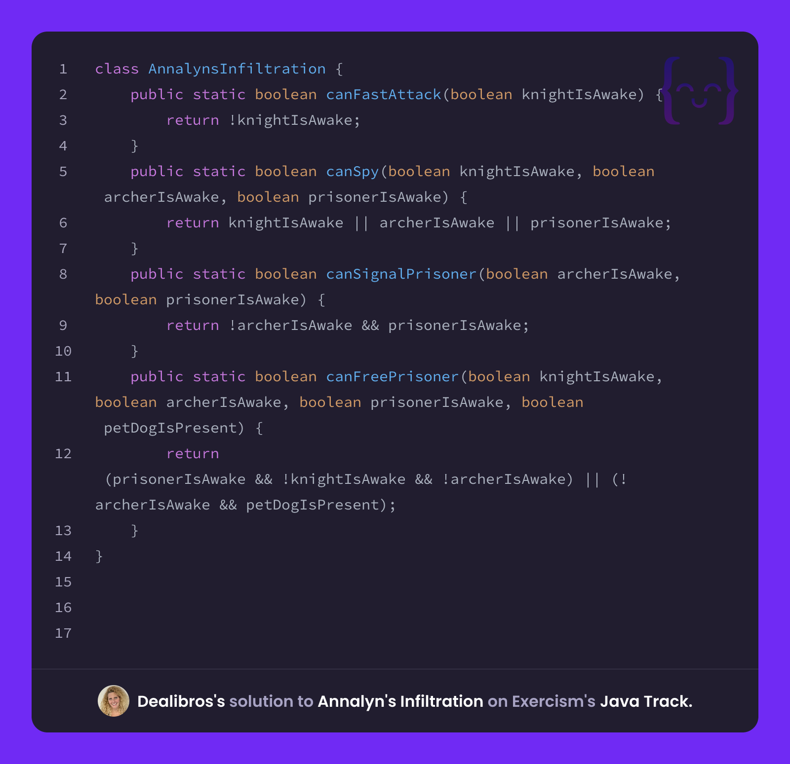 Dealibros's solution for Annalyn's Infiltration in Java on Exercism