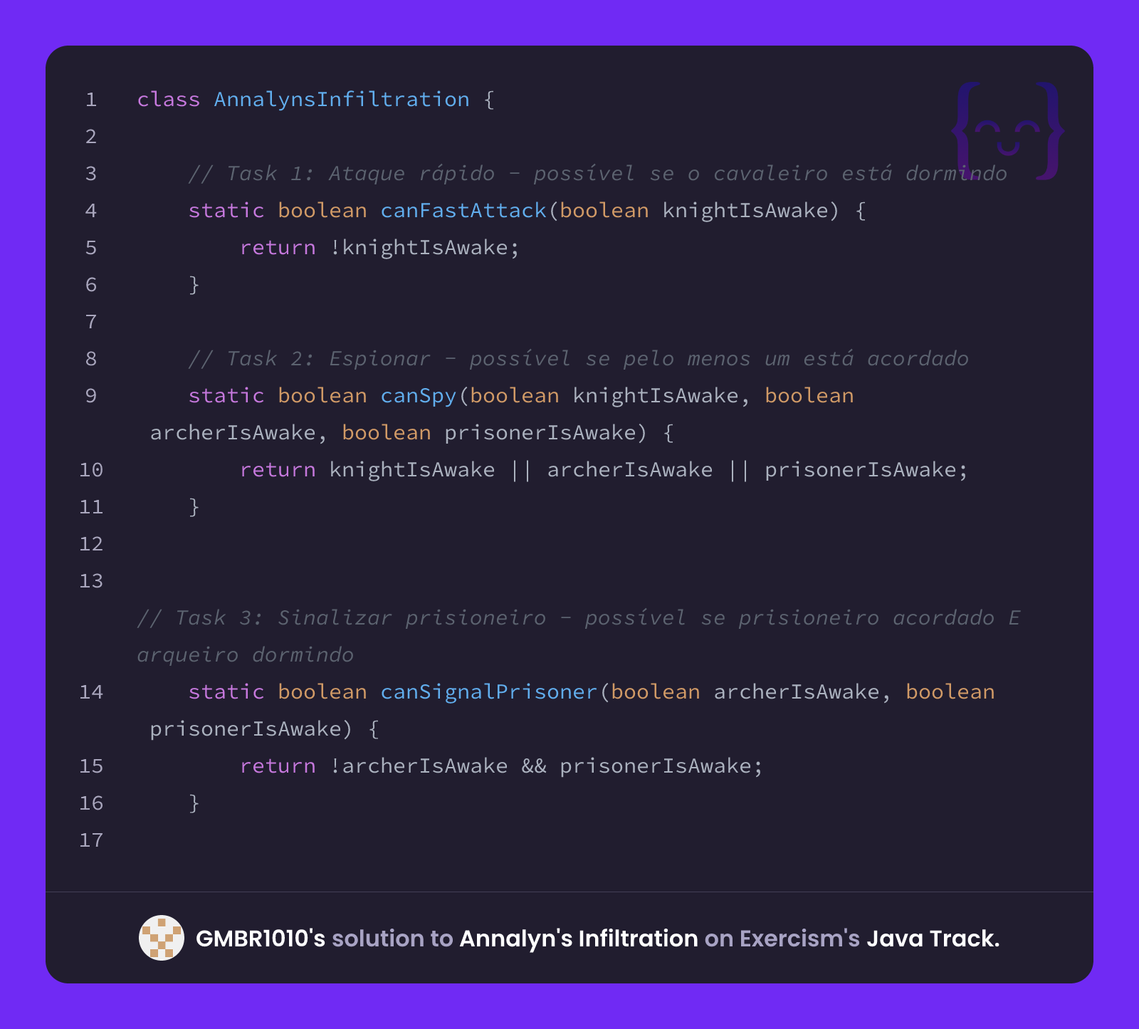 GMBR1010's solution for Annalyn's Infiltration in Java on Exercism