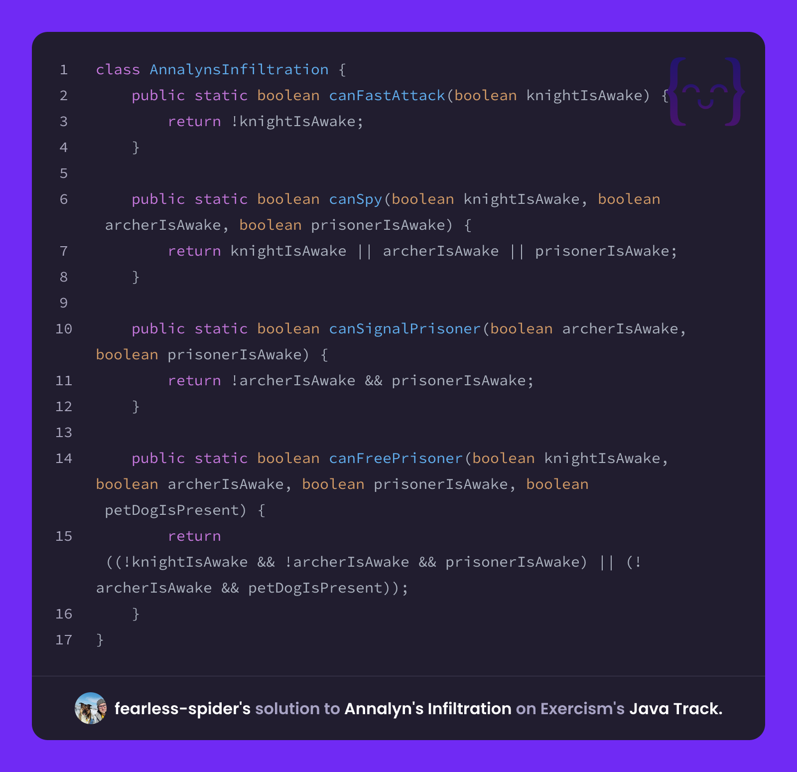 Spider Knows Java fearless-spider's solution for Annalyn's Infiltration in Java on Exercism