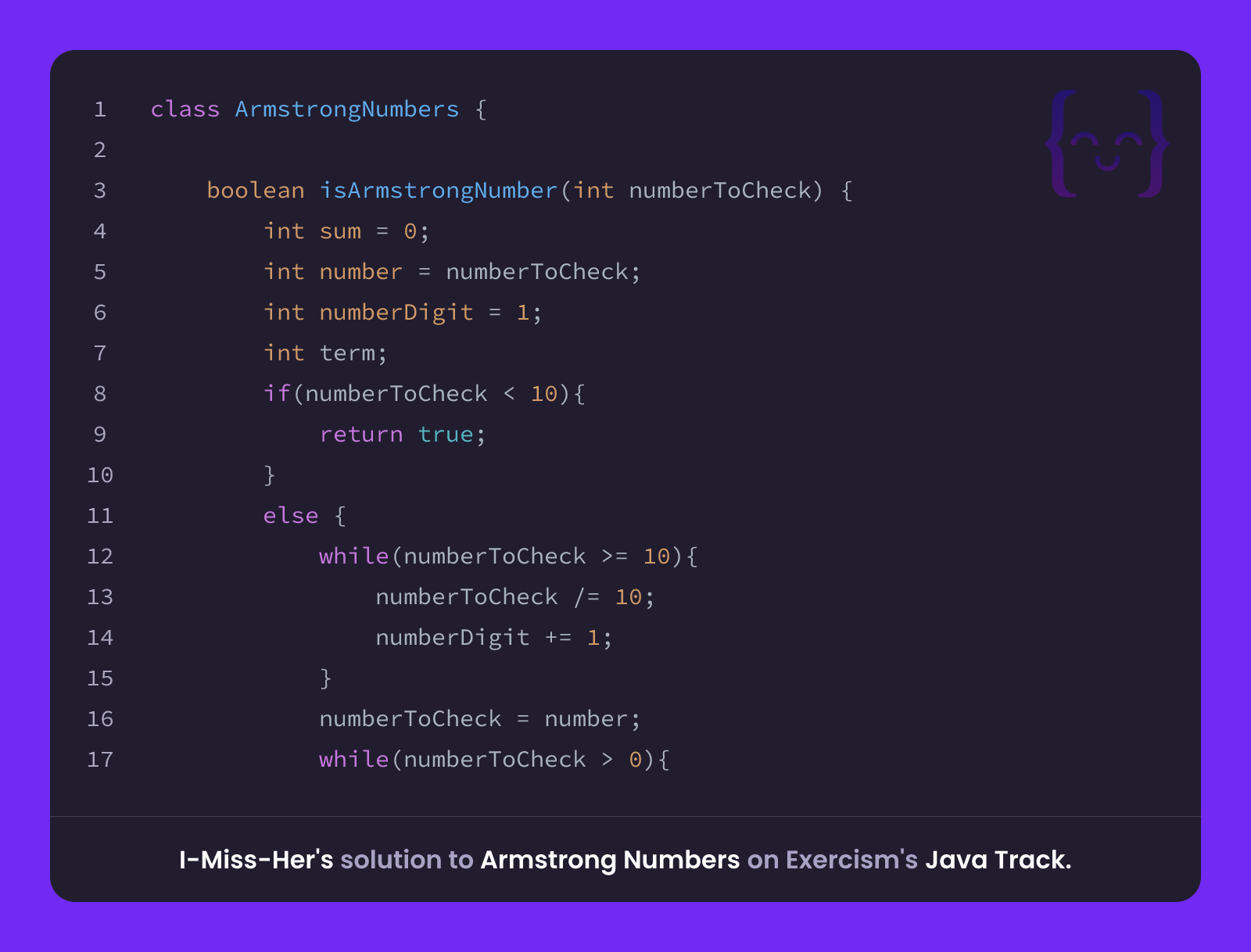 I-Miss-Her's solution for Armstrong Numbers in Java on Exercism