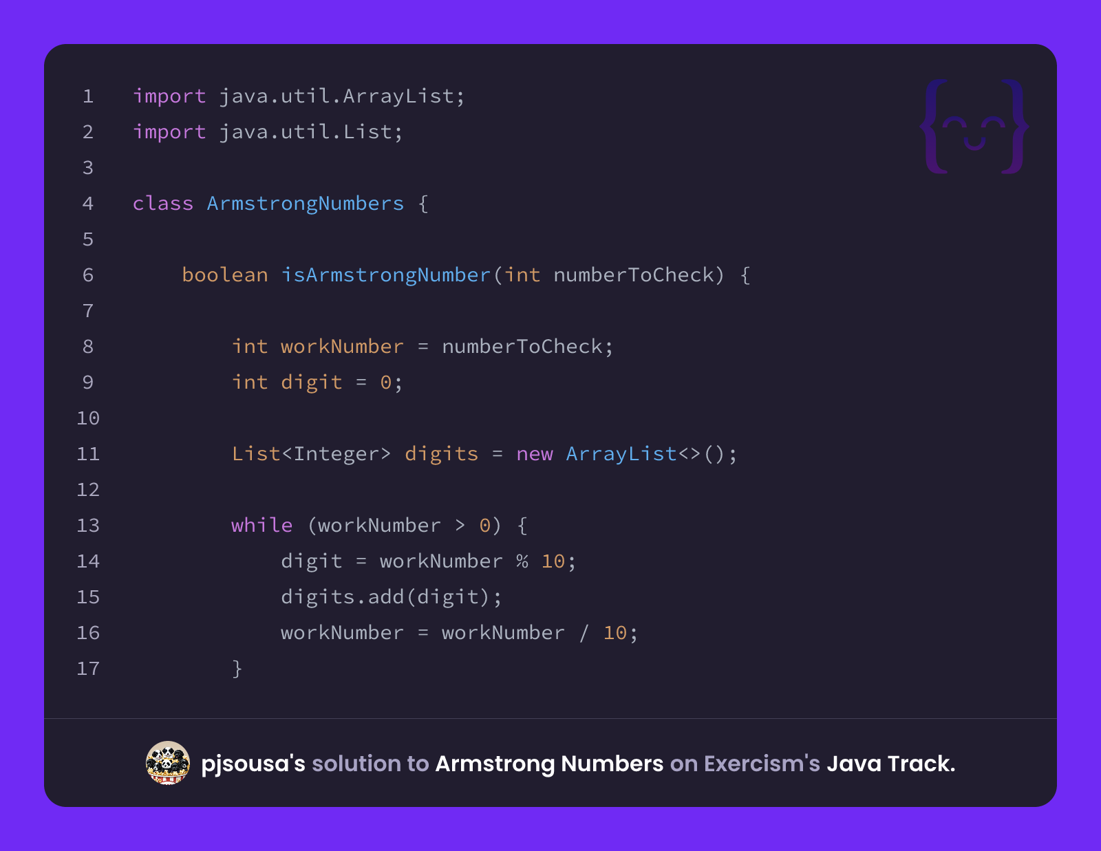 pjsousa's solution for Armstrong Numbers in Java on Exercism