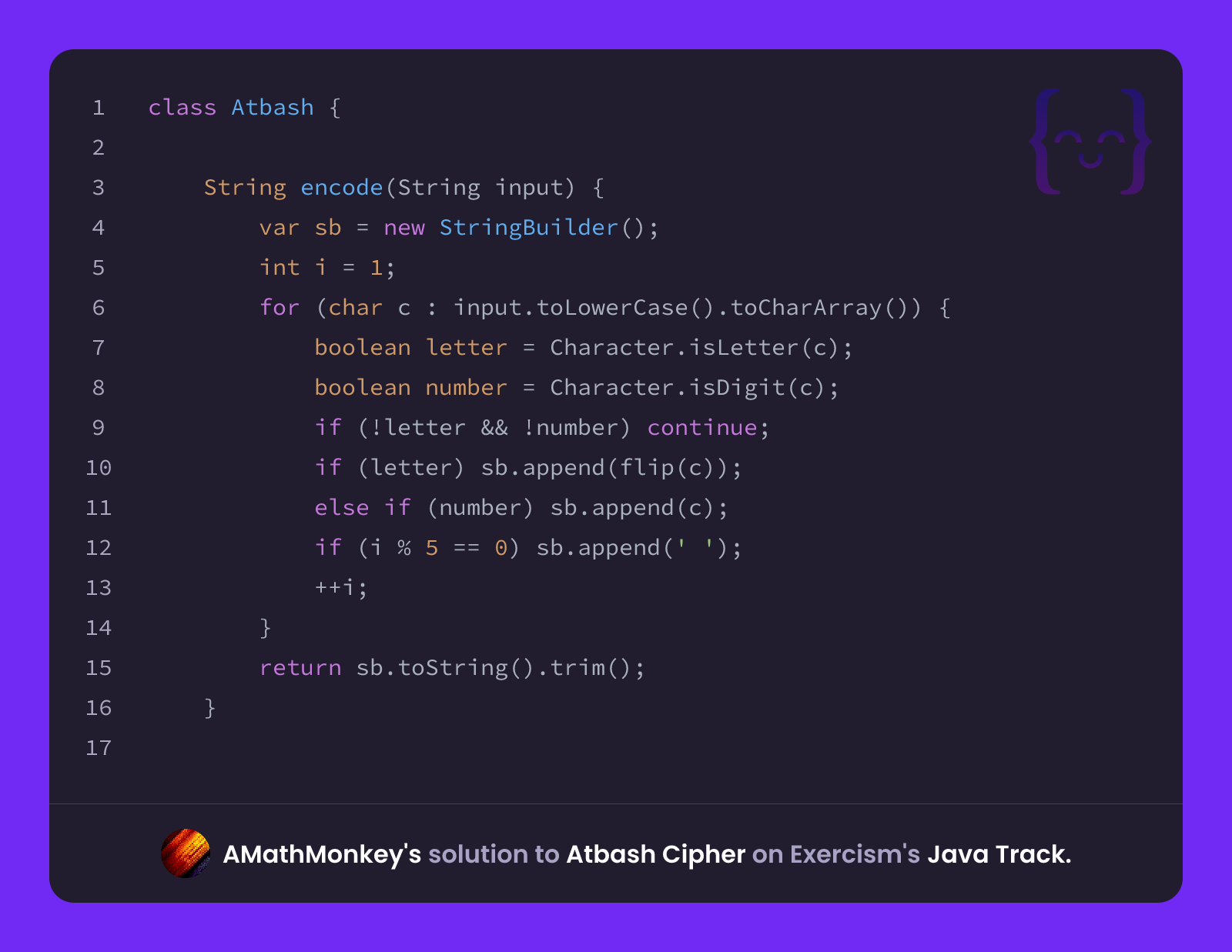 AMathMonkey's solution for Atbash Cipher in Java on Exercism