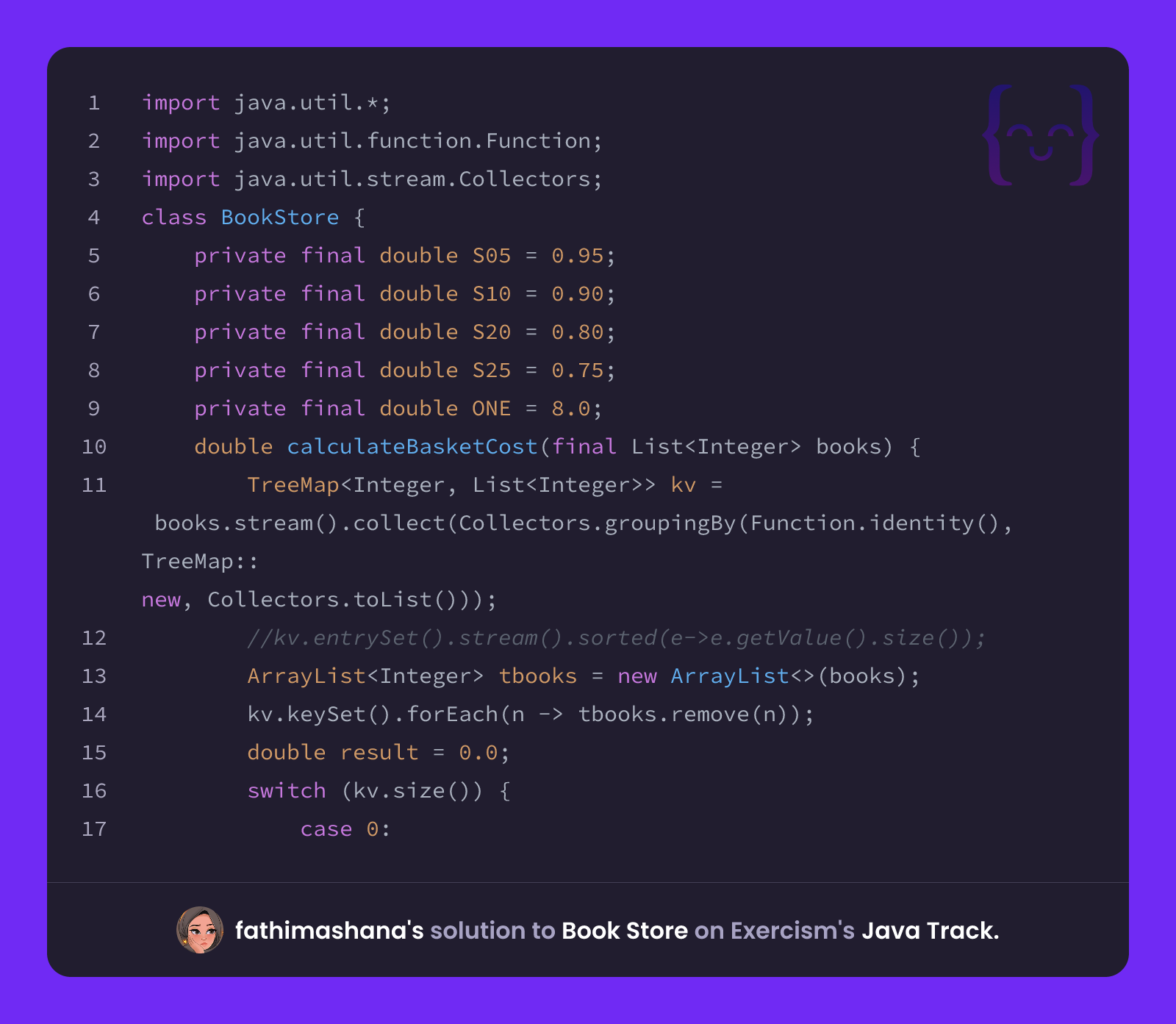 fathimashana's solution for Book Store in Java on Exercism