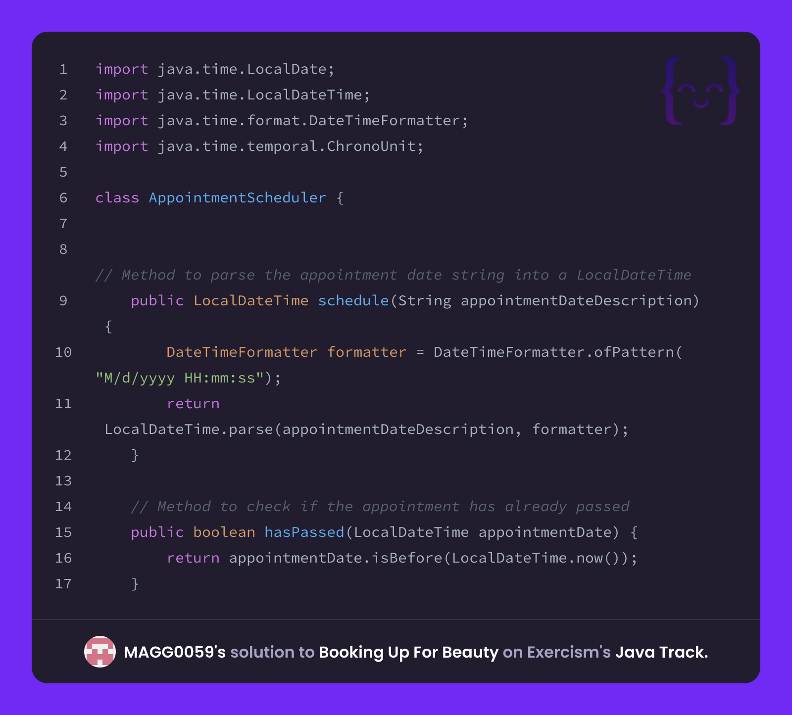 MAGG0059's solution for Booking Up For Beauty in Java on Exercism