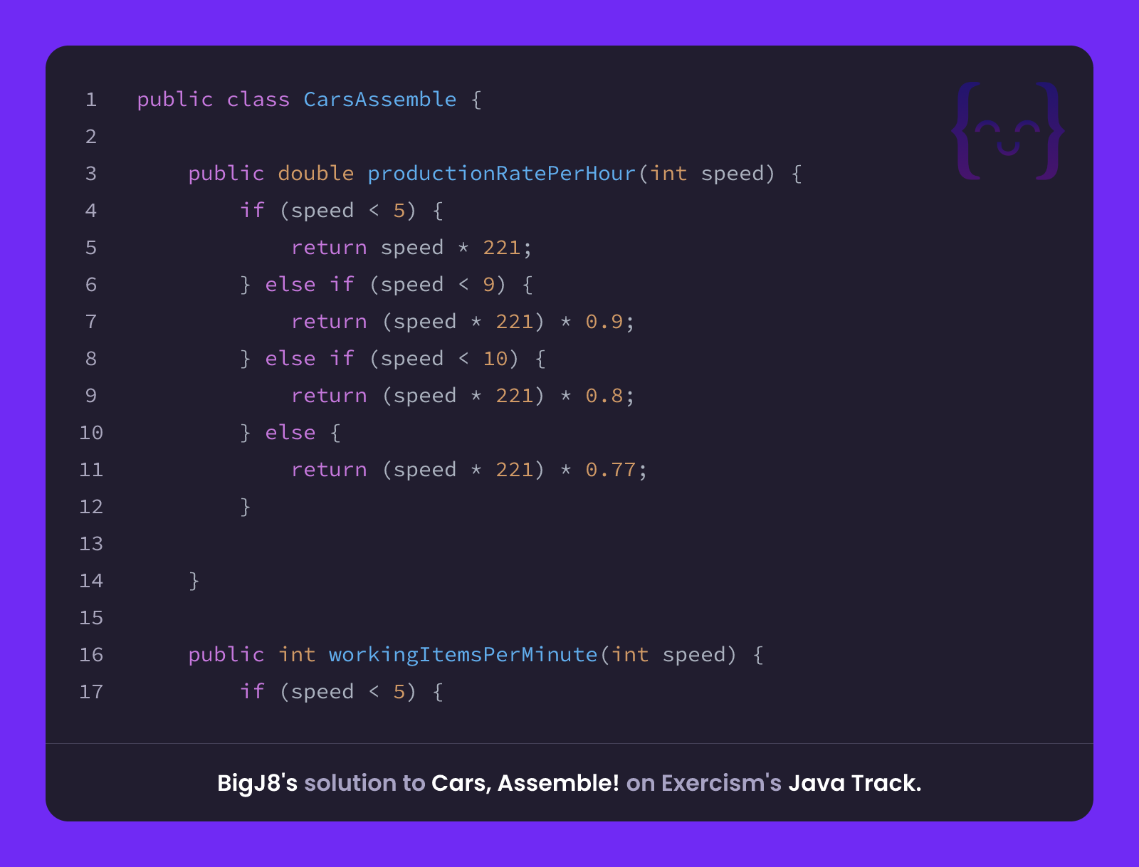 BigJ8's solution for Cars, Assemble! in Java on Exercism