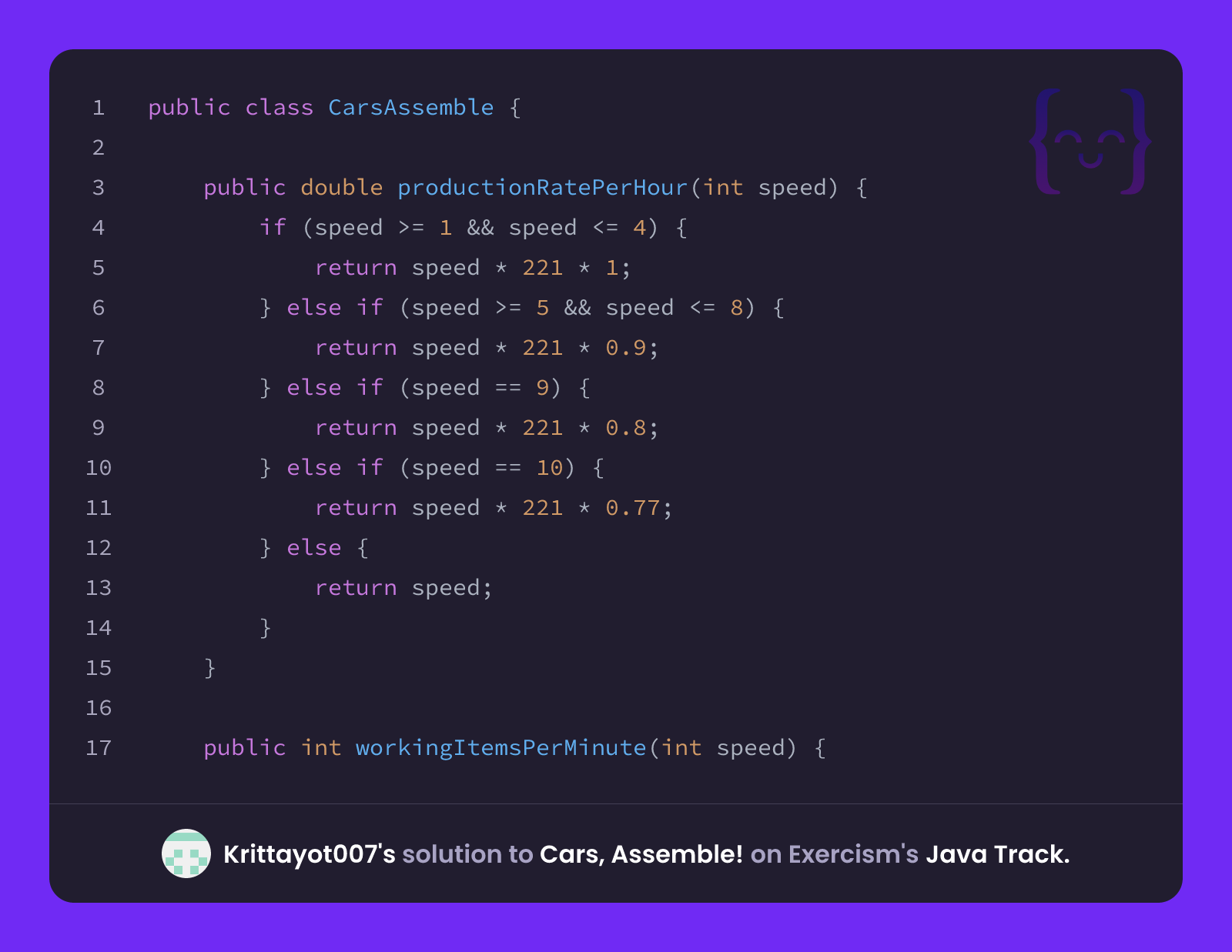 Krittayot007's solution for Cars, Assemble! in Java on Exercism