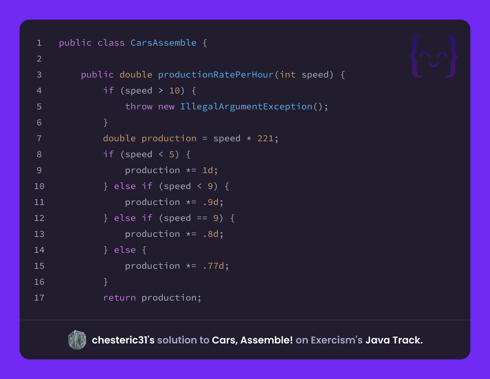 chesteric31's solution for Cars, Assemble! in Java on Exercism