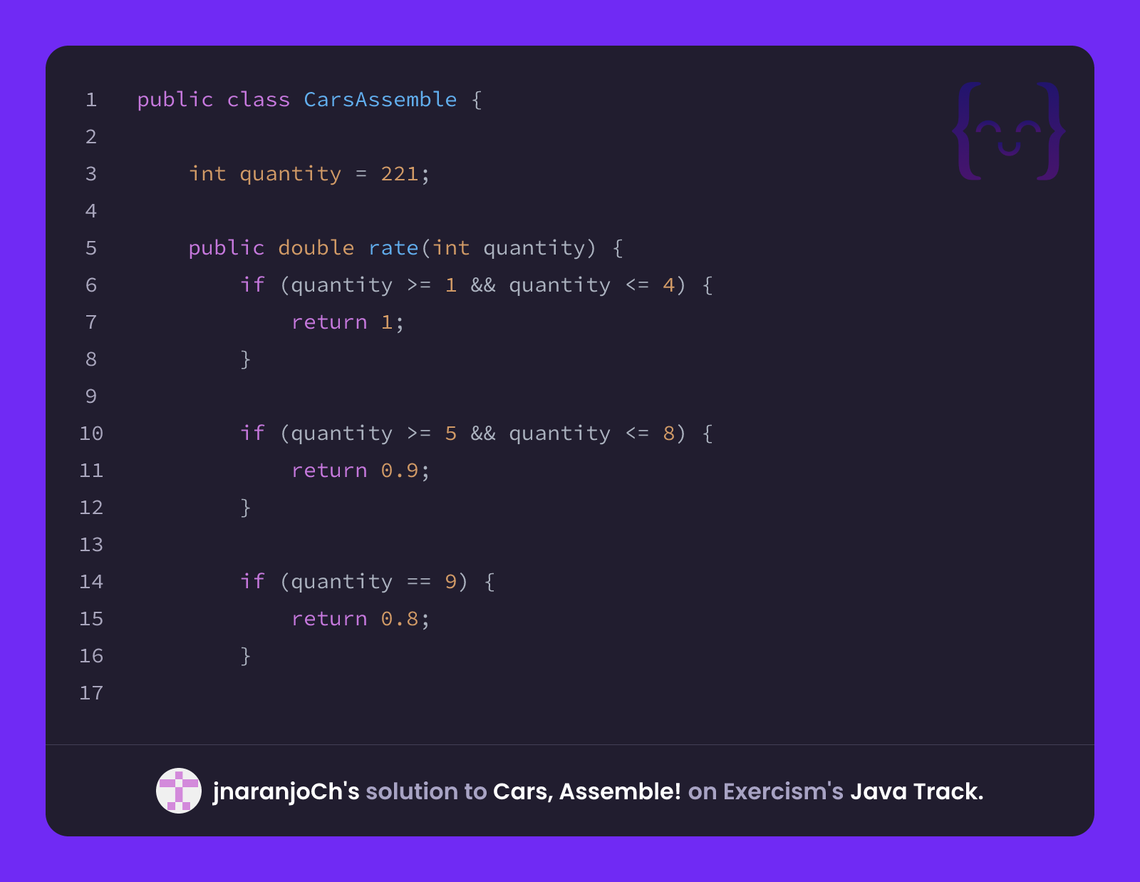 jnaranjoCh's solution for Cars, Assemble! in Java on Exercism